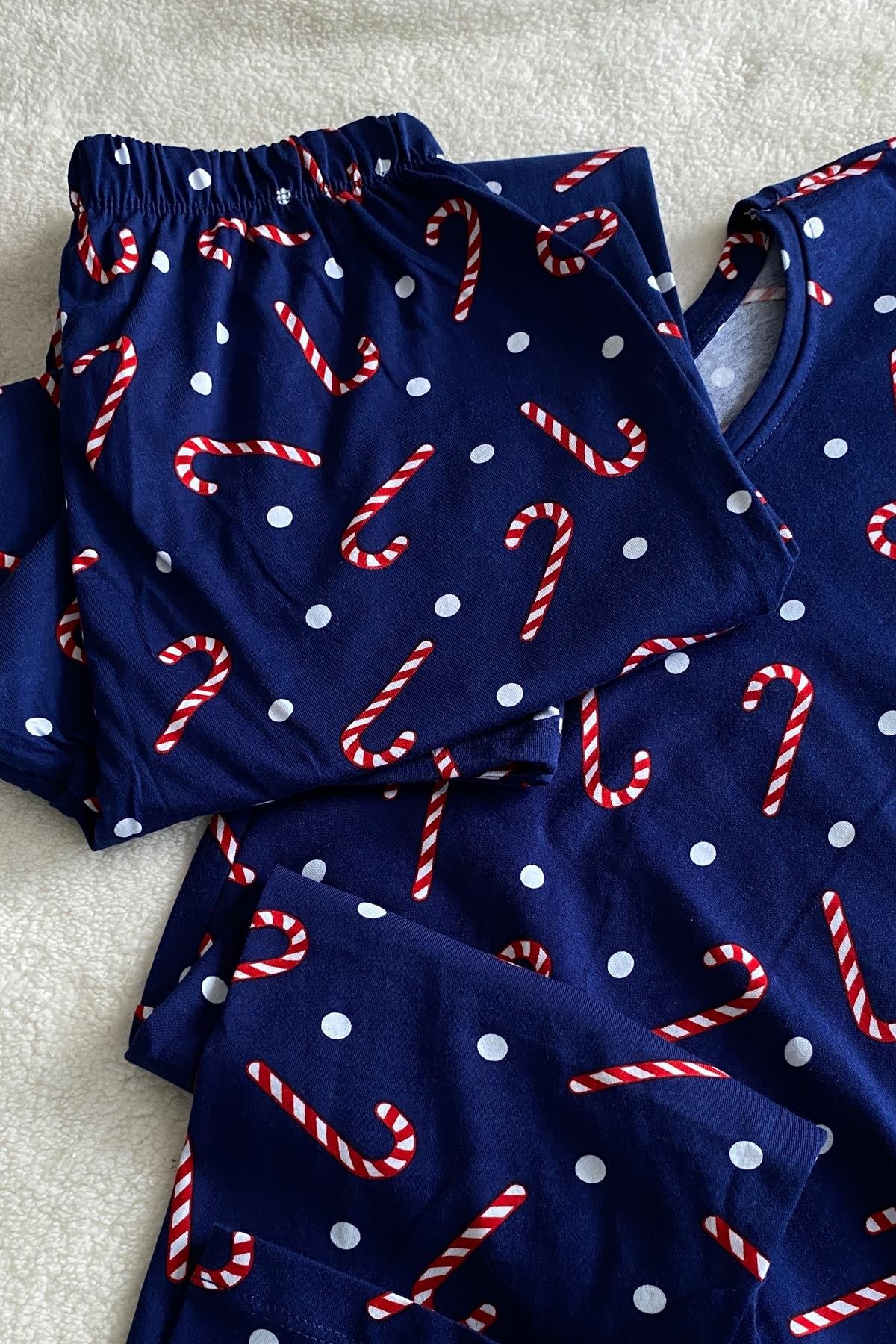 Baston Şeker Desenli Uzun Kollu Pijama Takımı Lacivert - Marcoroni