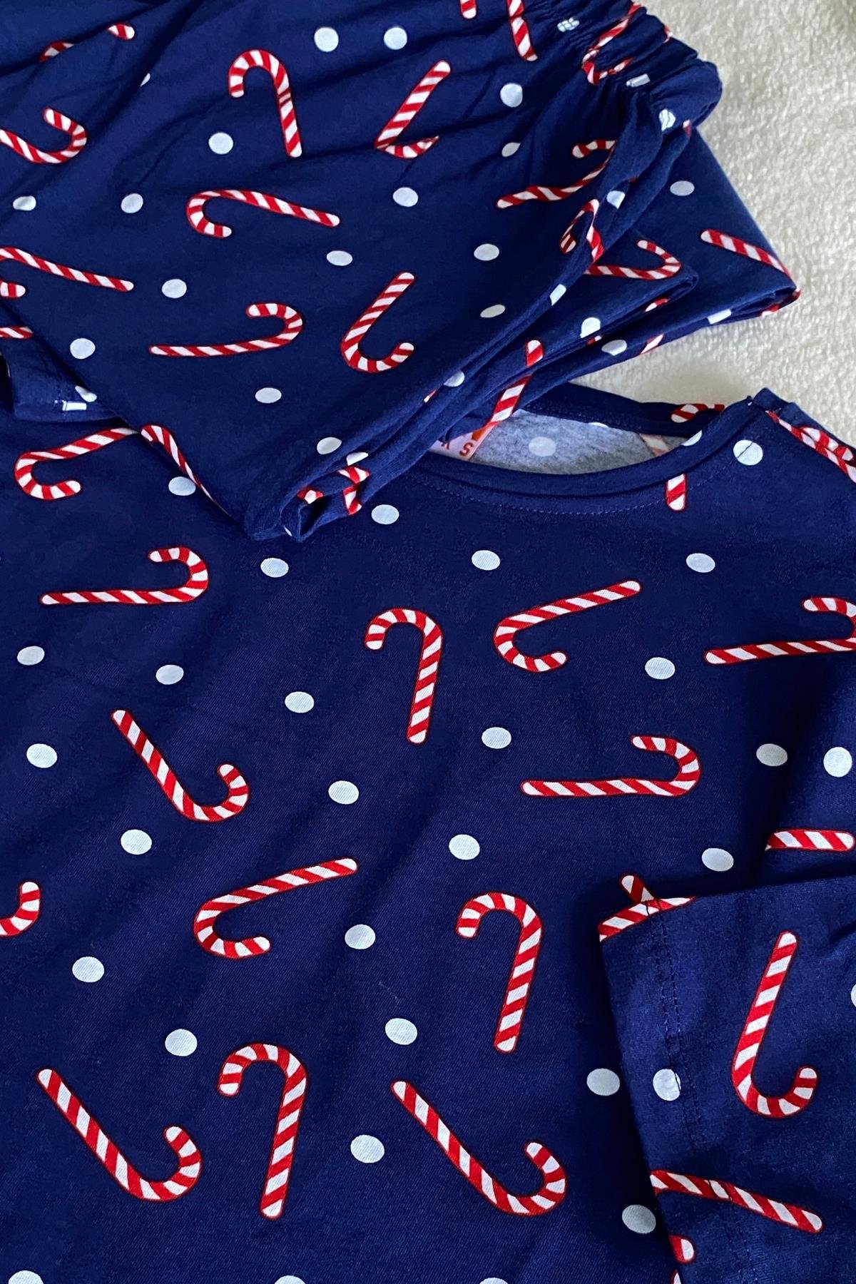 Baston Şeker Desenli Uzun Kollu Pijama Takımı Lacivert - Marcoroni