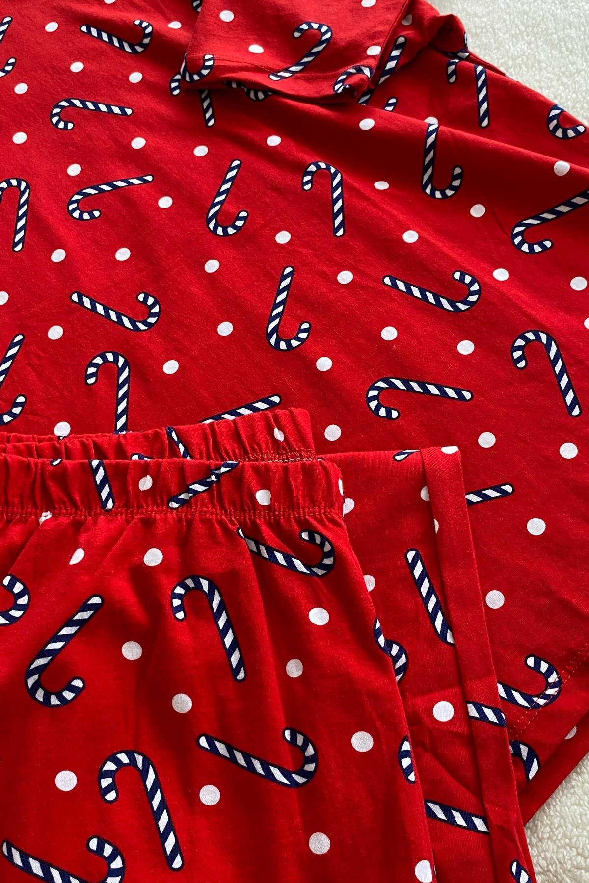 Baston Şeker Desenli Uzun Kollu Pijama Takımı Kırmızı - Marcoroni