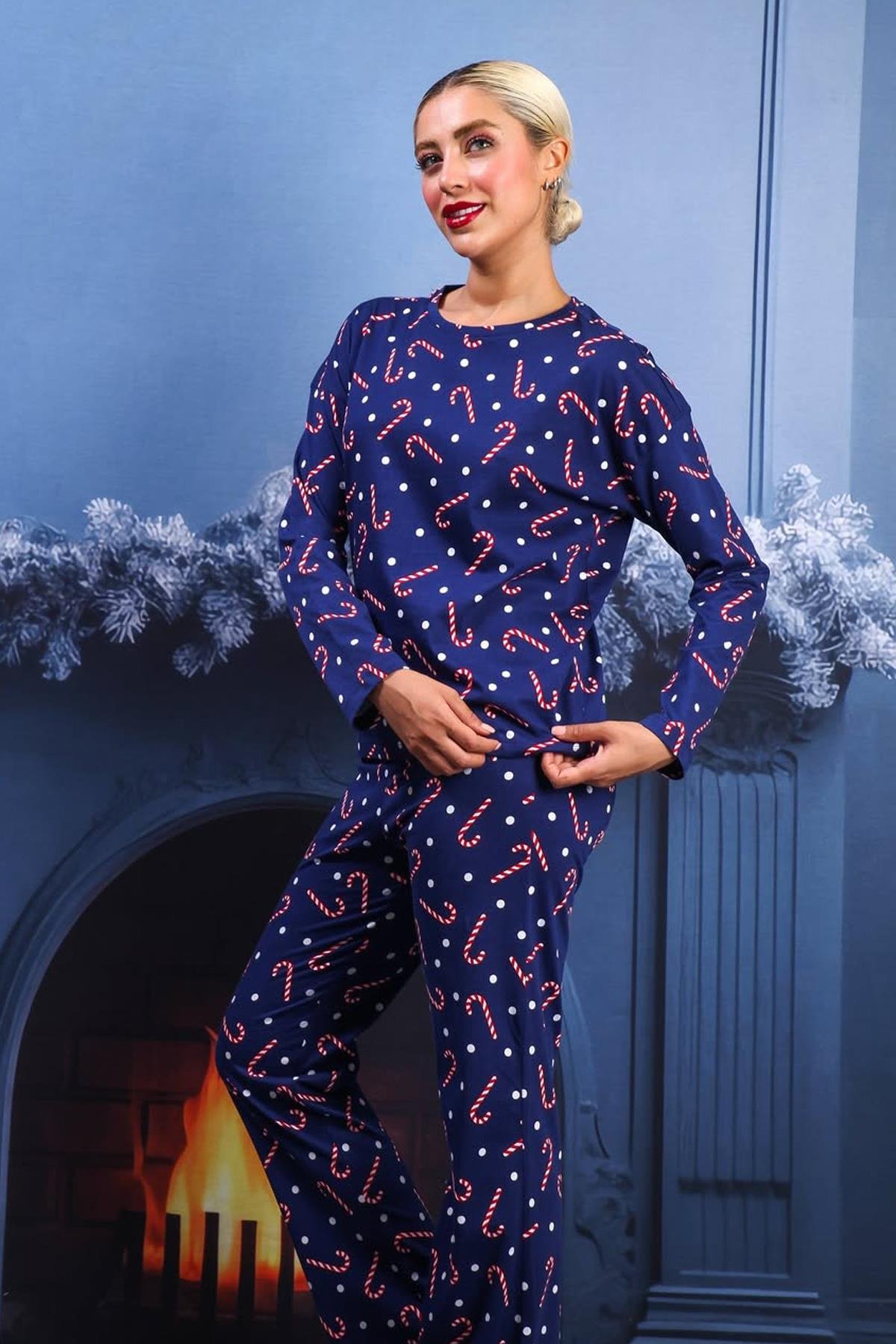 Baston Şeker Desenli Uzun Kollu Pijama Takımı Lacivert - Marcoroni