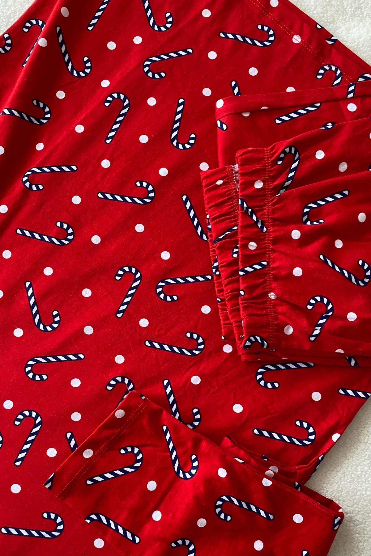 Baston Şeker Desenli Uzun Kollu Pijama Takımı Kırmızı - Marcoroni