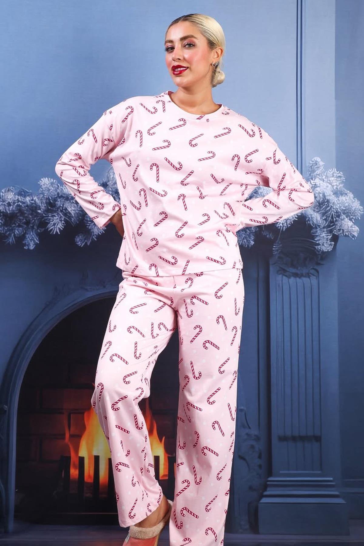 Baston Şeker Desenli Uzun Kollu Pijama Takımı Pembe - Marcoroni