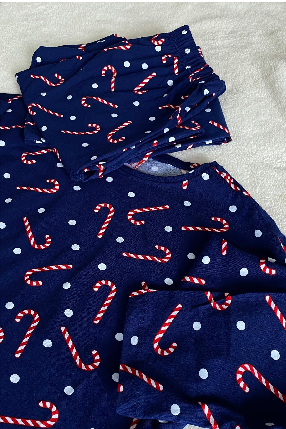 Baston Şeker Desenli Uzun Kollu Pijama Takımı Lacivert - Marcoroni