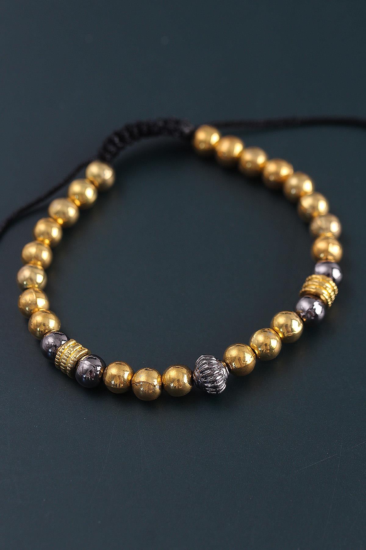 Doğal Taş Çember Model Gold Ve Füme Renk Asansörlü Erkek Bileklik