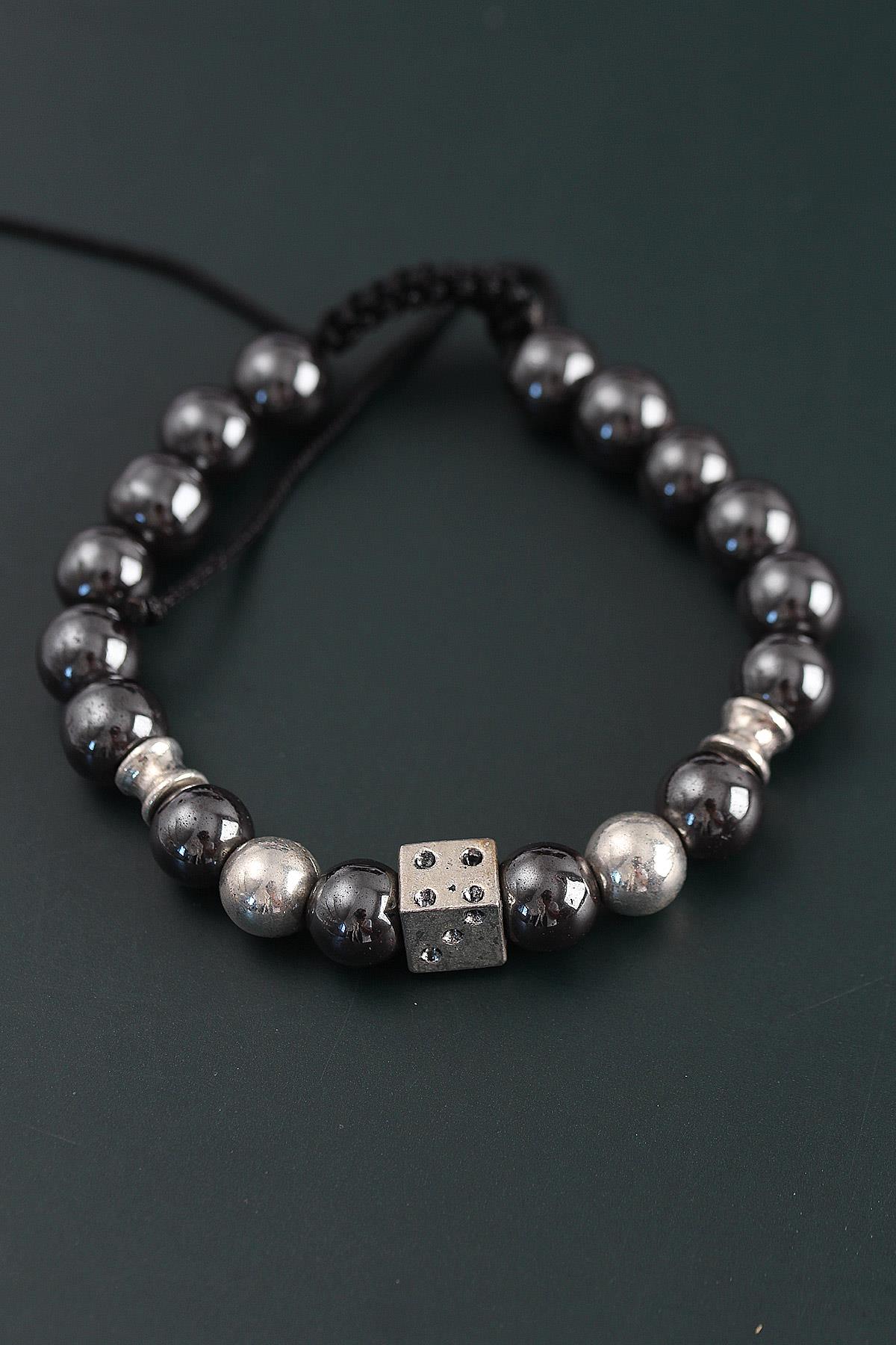 Doğal Taş Zar Model Gümüş Ve Füme Renk Asansörlü Erkek Bileklik