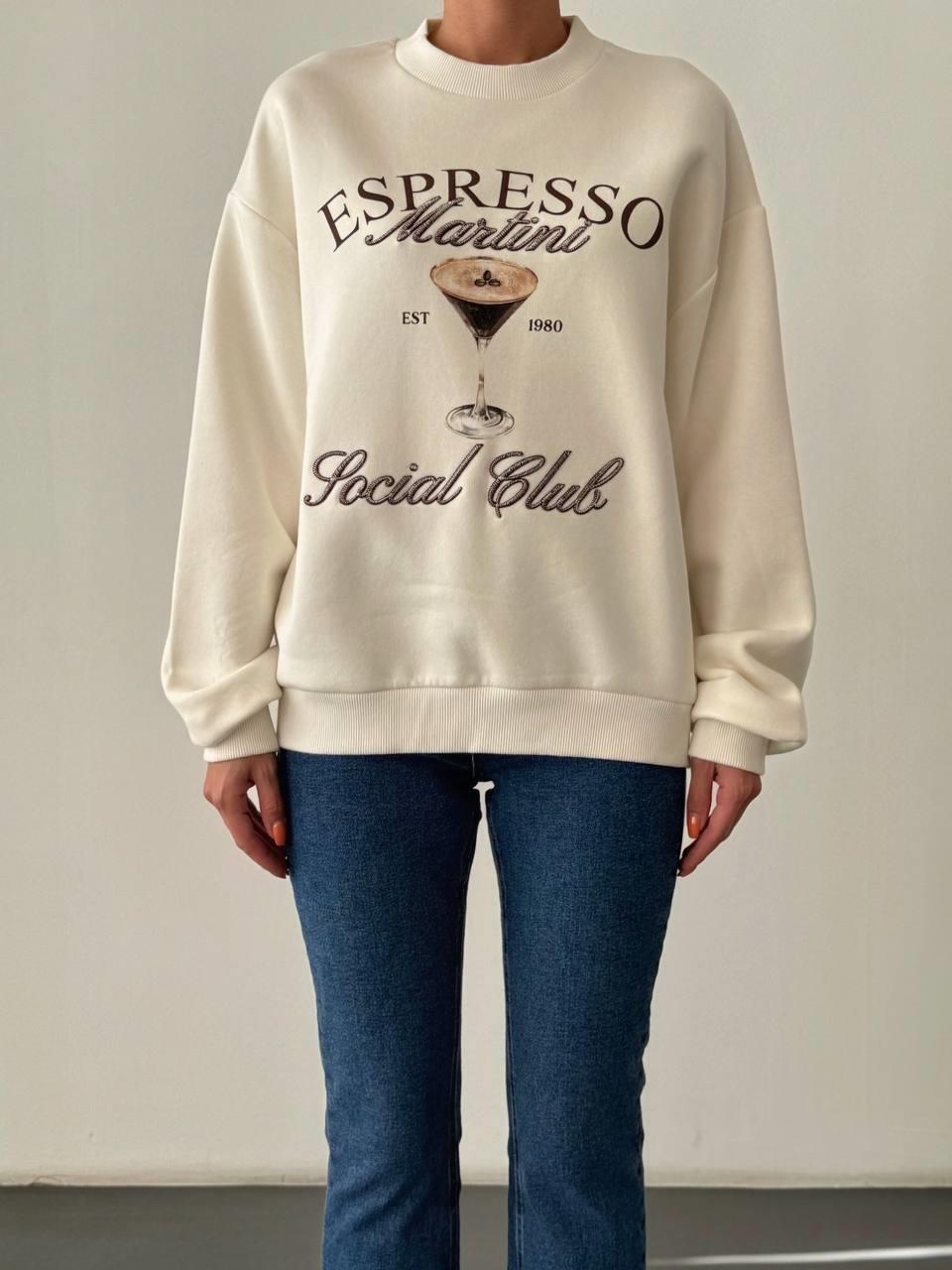 Espresso Baskılı Yazı Nakışlı Oversize Sweatshirt Ekru - Marcoroni