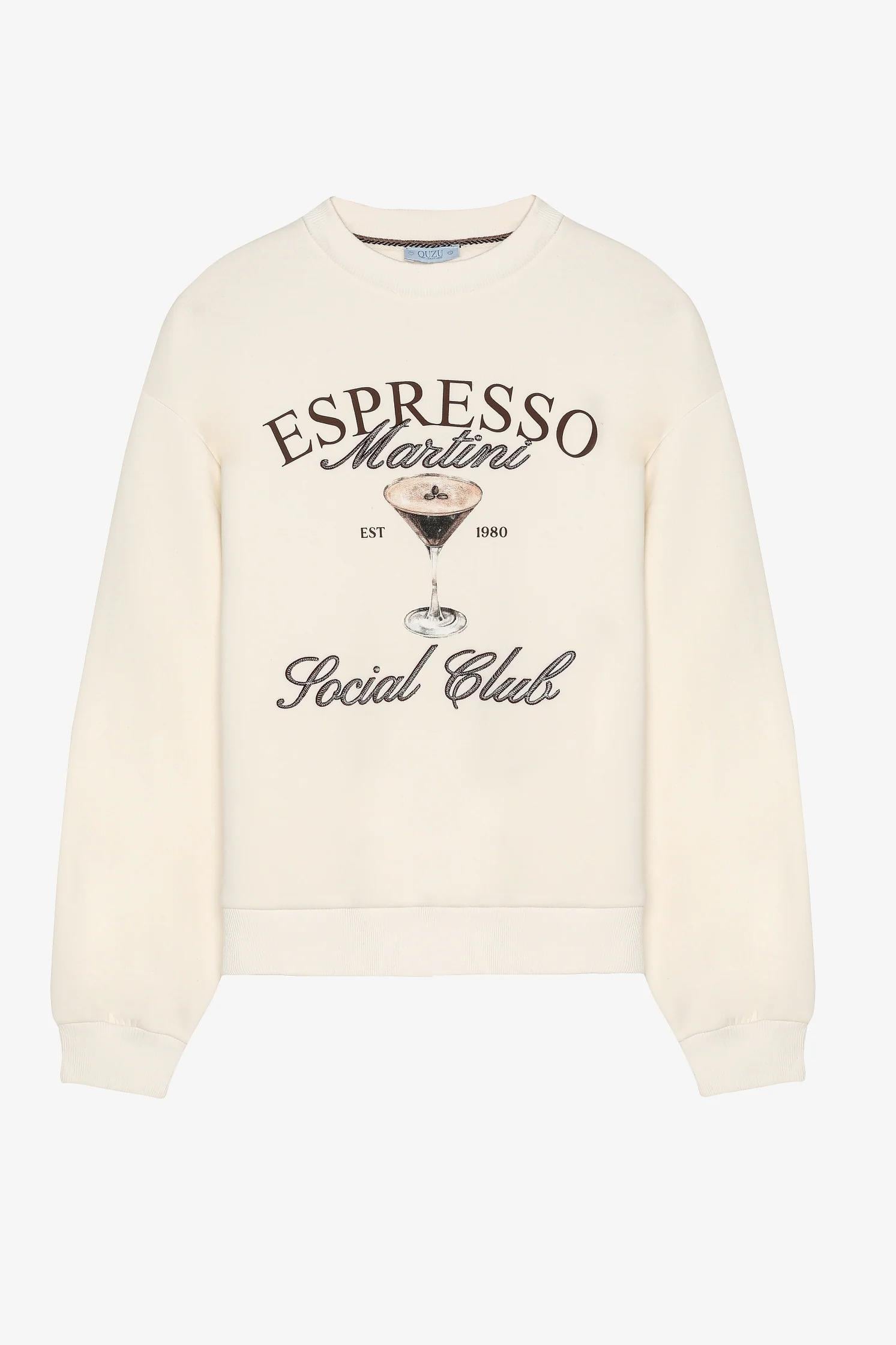 Espresso Baskılı Yazı Nakışlı Oversize Sweatshirt Ekru - Marcoroni