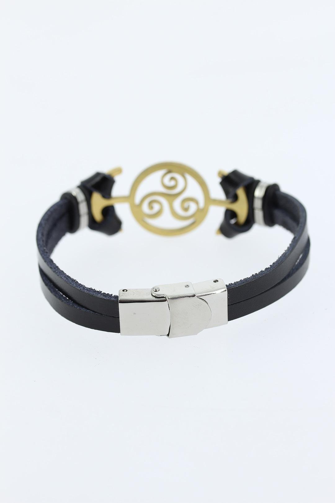 Gold Renk Metal Aksesuarlı Siyah Renk Deri Erkek Bileklik