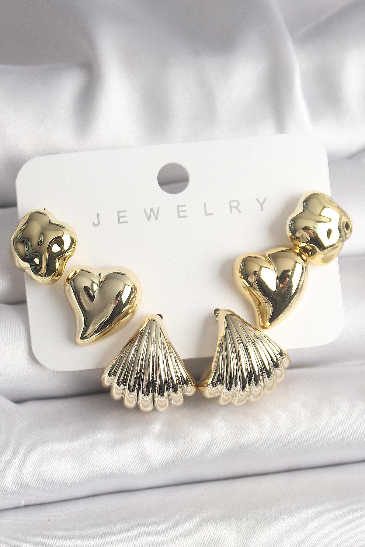 Gold Renk Yonca Kalp Deniz Kabuğu Figür CCB Kadın Küpe Seti