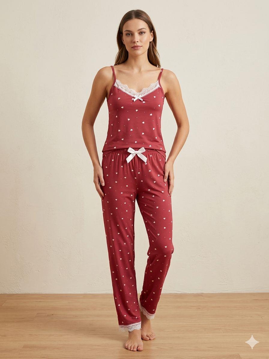 Kadın Kırmızı Kalp Desenli Dantelli Pijama Takımı İp Askılı - Marcoroni