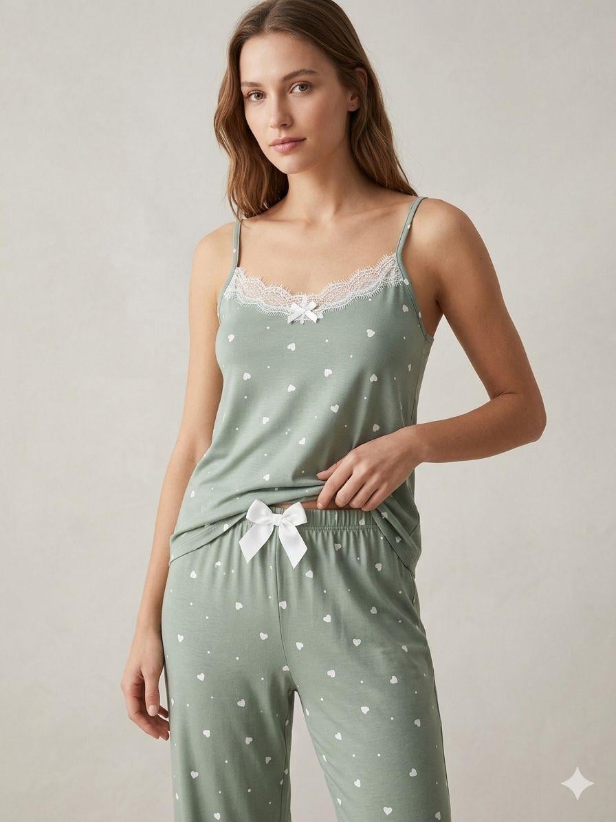 Kadın Kırmızı Kalp Desenli Dantelli Pijama Takımı İp Askılı - Marcoroni