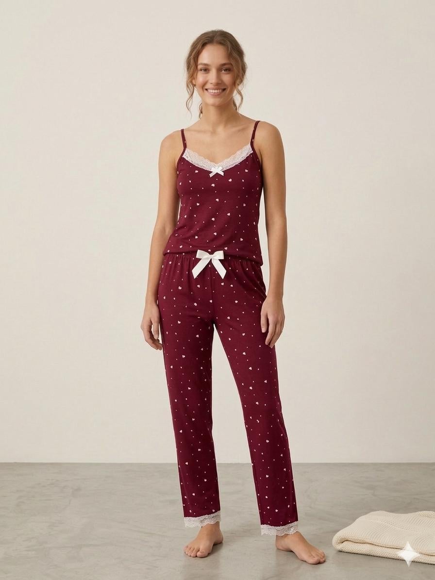 Kadın Kırmızı Kalp Desenli Dantelli Pijama Takımı İp Askılı - Marcoroni