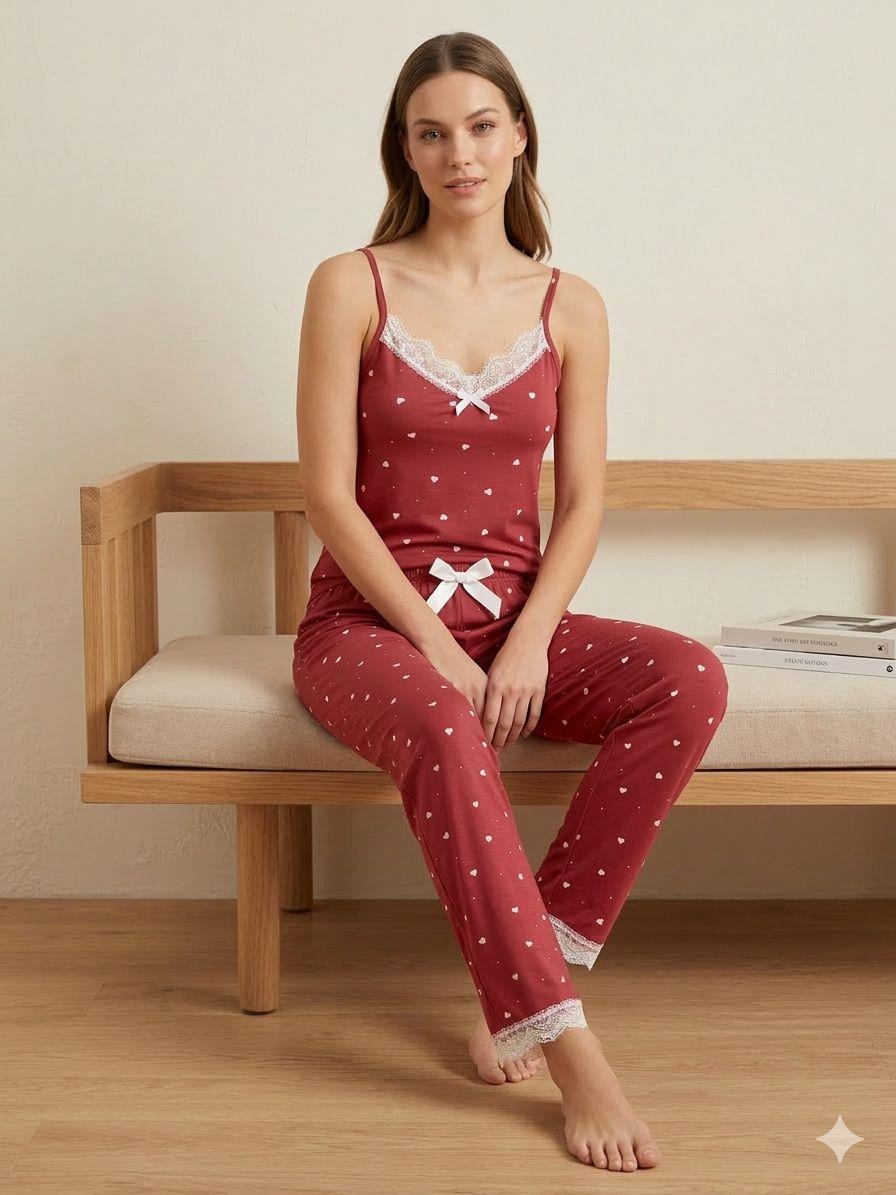 Kadın Kırmızı Kalp Desenli Dantelli Pijama Takımı İp Askılı - Marcoroni