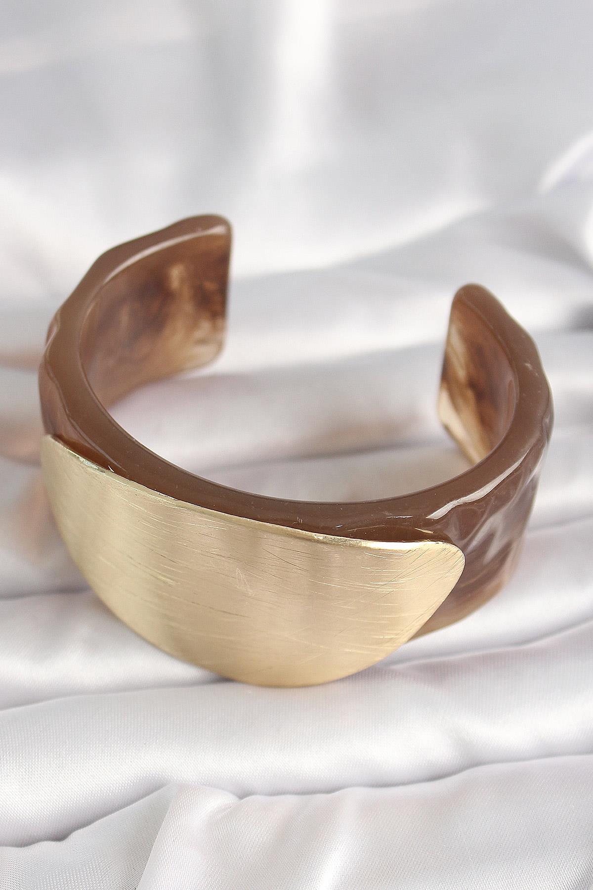 Kahverengi Mermer Desen Akrilik Plastik Gold Oval Plaka Model Vintage Kadın Bilezik