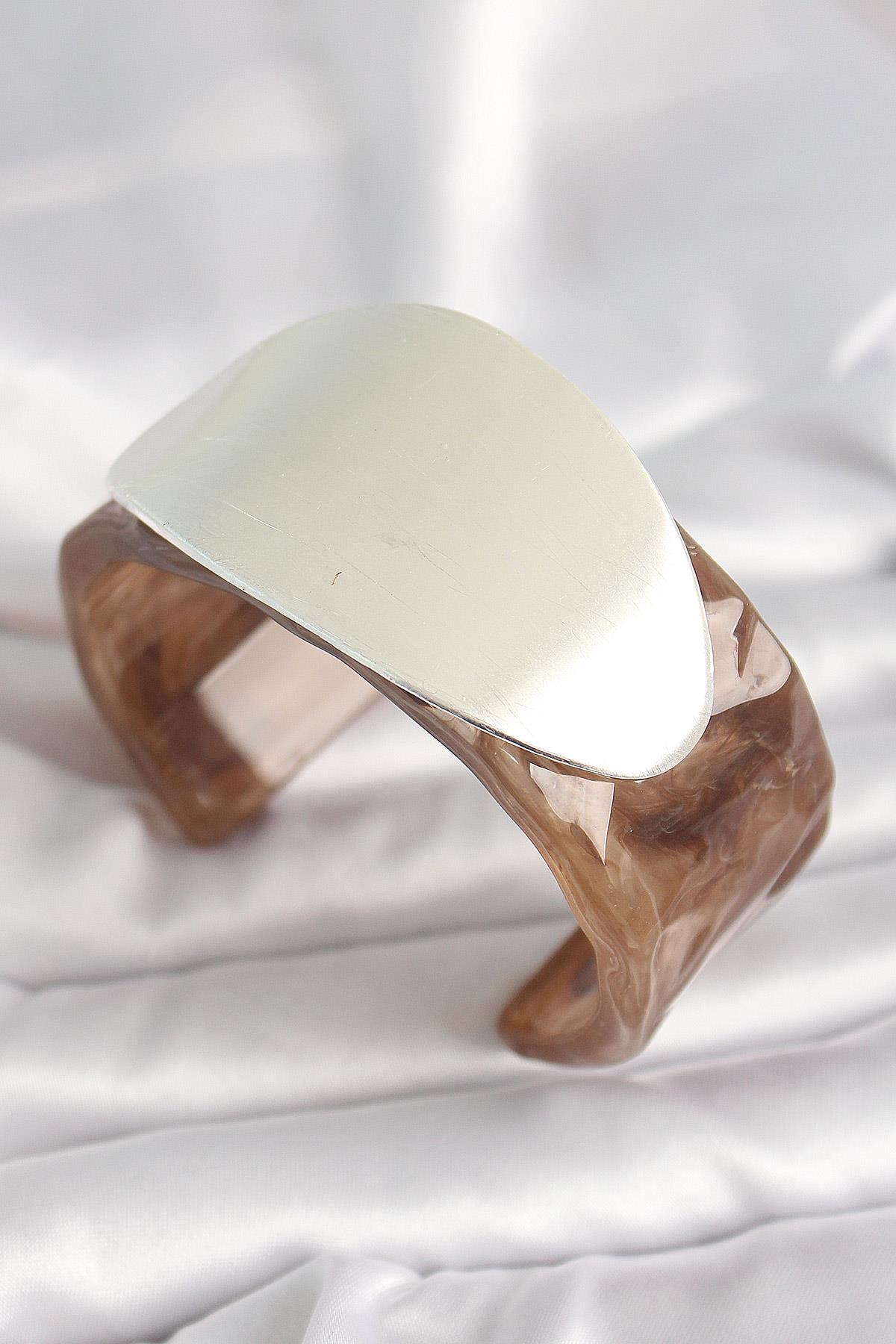 Kahverengi Mermer Desen Akrilik Plastik Gümüş Oval Plaka Model Vintage Kadın Bilezik