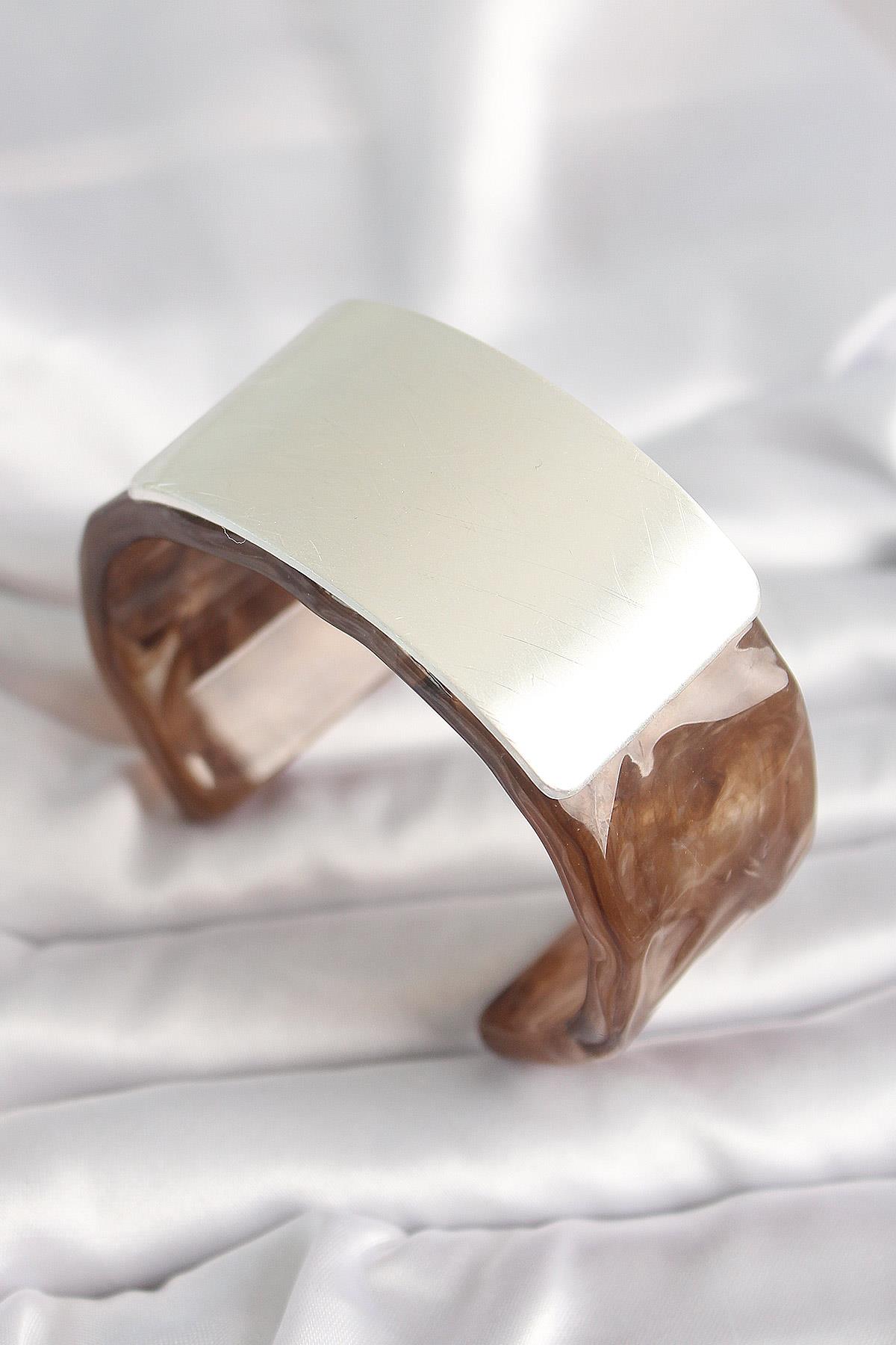 Kahverengi Mermer Desen Akrilik Plastik Gümüş Dikdörtgen Plaka Vintage Kadın Bilezik