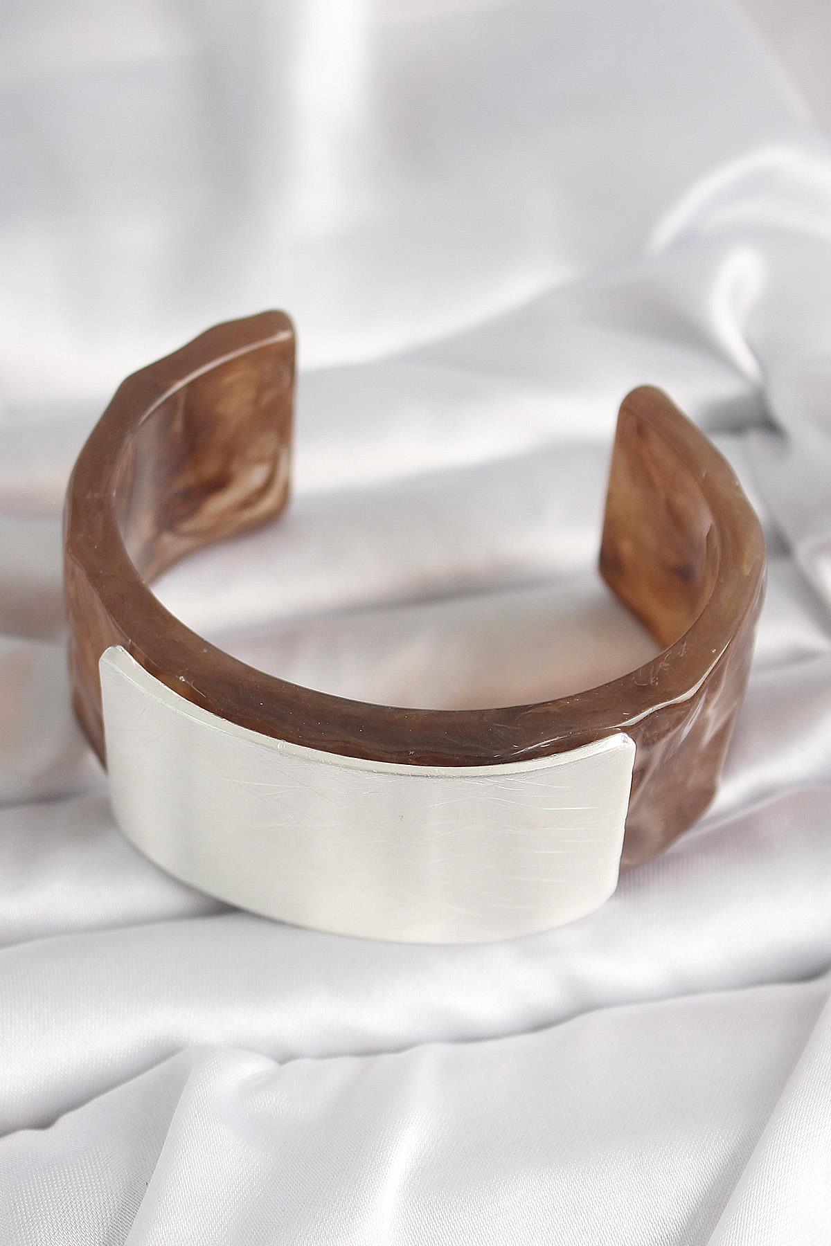 Kahverengi Mermer Desen Akrilik Plastik Gümüş Dikdörtgen Plaka Vintage Kadın Bilezik