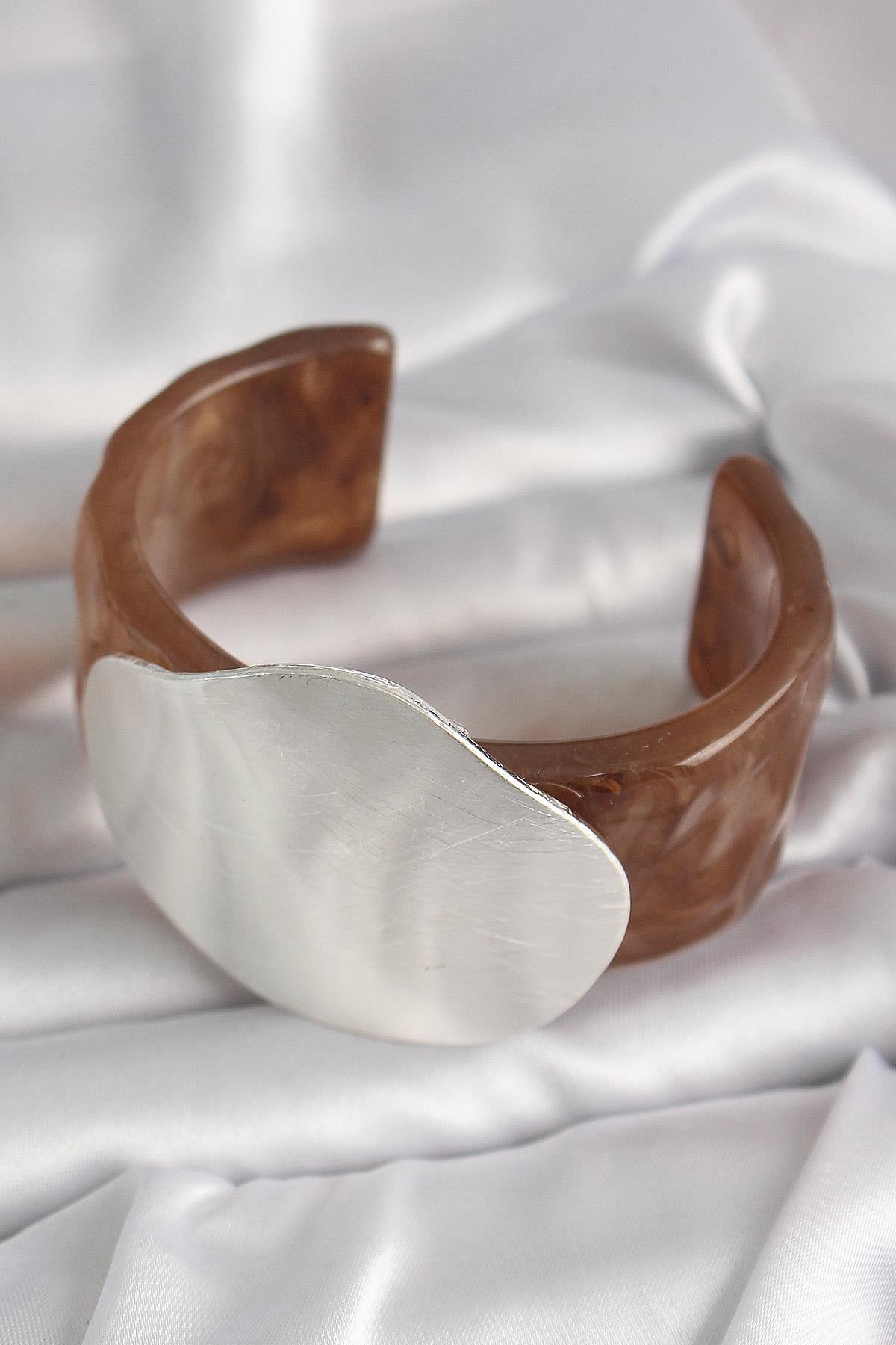 Kahverengi Mermer Desen Akrilik Plastik Gümüş Plaka Model Vintage Kadın Bilezik