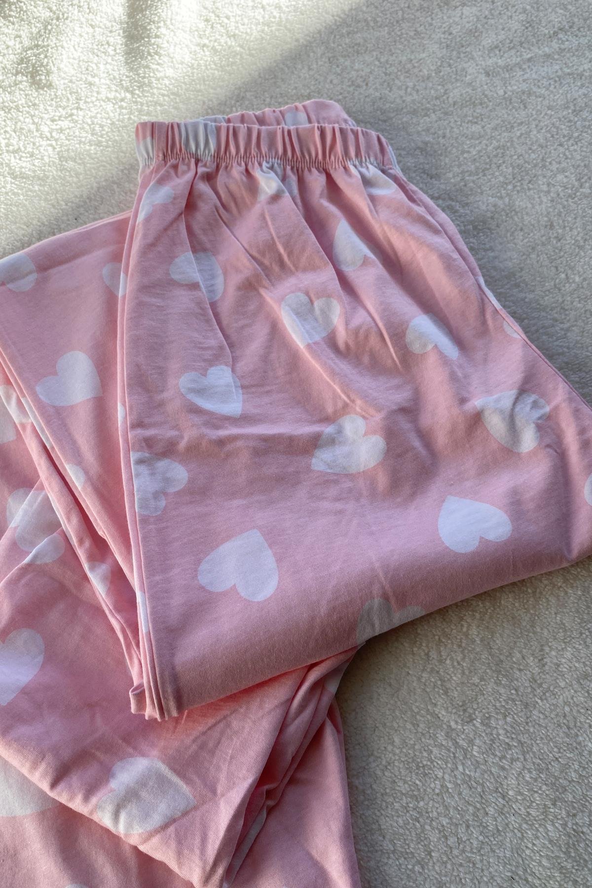 Kalp Desenli Uzun Kol Pijama Takımı Pembe - Marcoroni