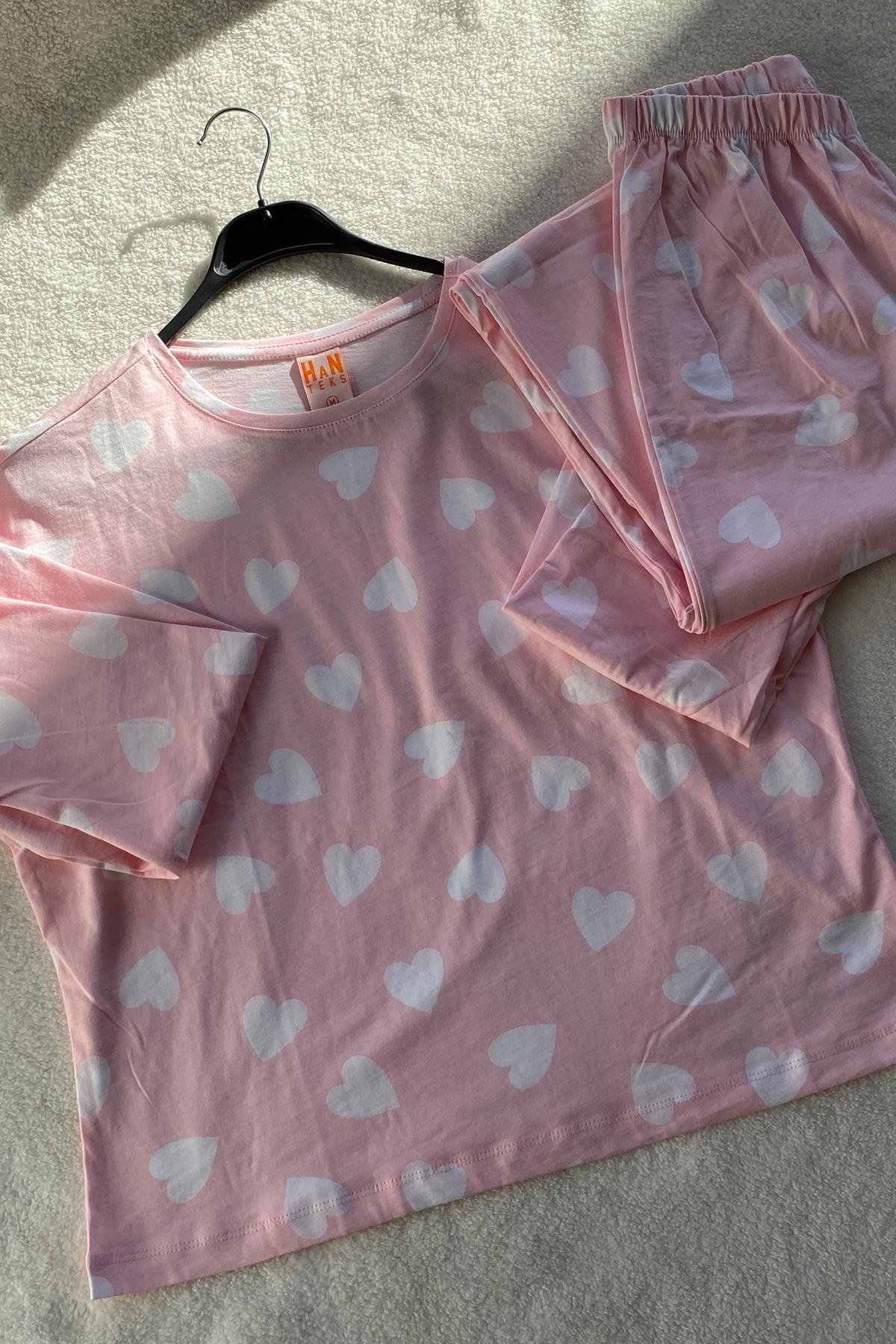 Kalp Desenli Uzun Kol Pijama Takımı Pembe - Marcoroni