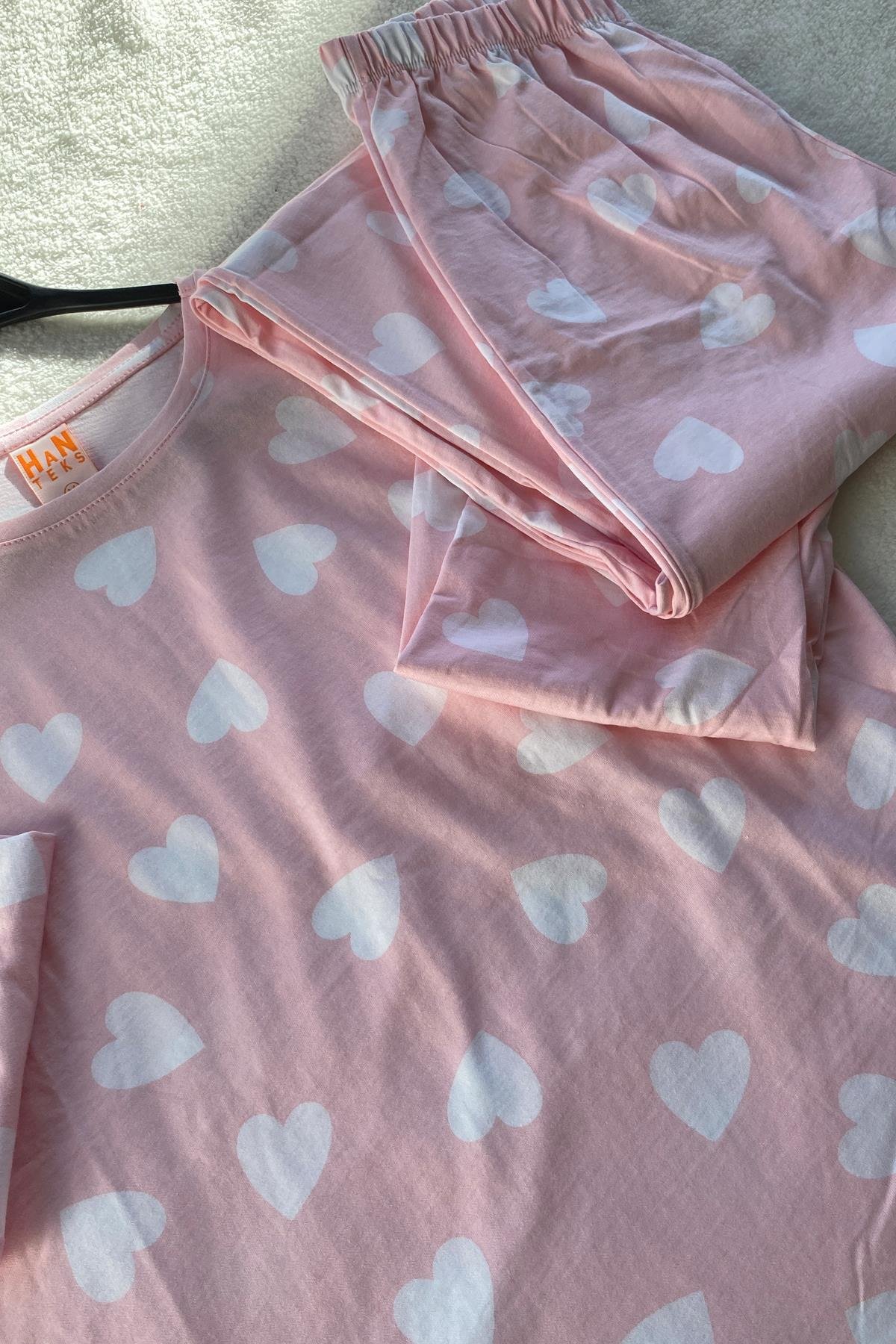 Kalp Desenli Uzun Kol Pijama Takımı Pembe - Marcoroni