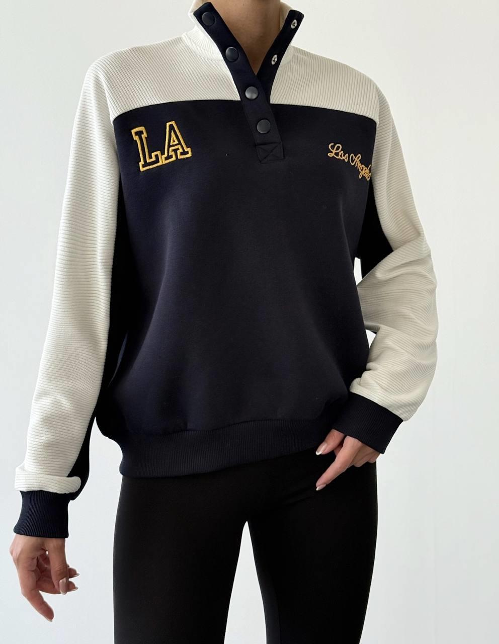 Los Angeles Nakışlı Kontrast Renkli Sweatshirt Lacivert - Marcoroni