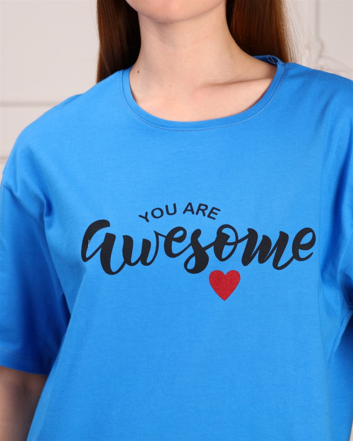 Marcoroni Awesome Baskılı Mavi Kadın T-Shirt