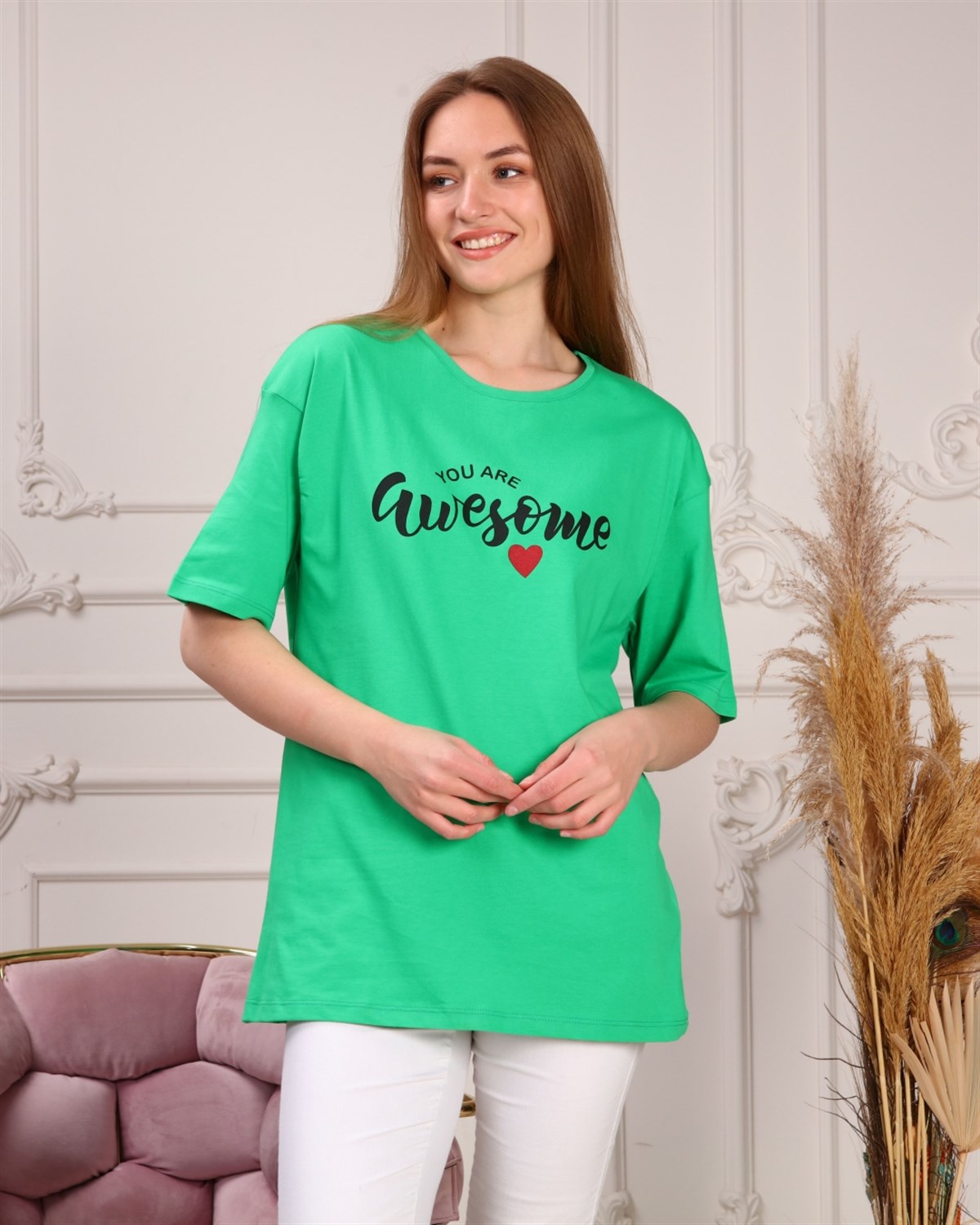 Marcoroni Awesome Baskılı Yeşil Kadın T-Shirt