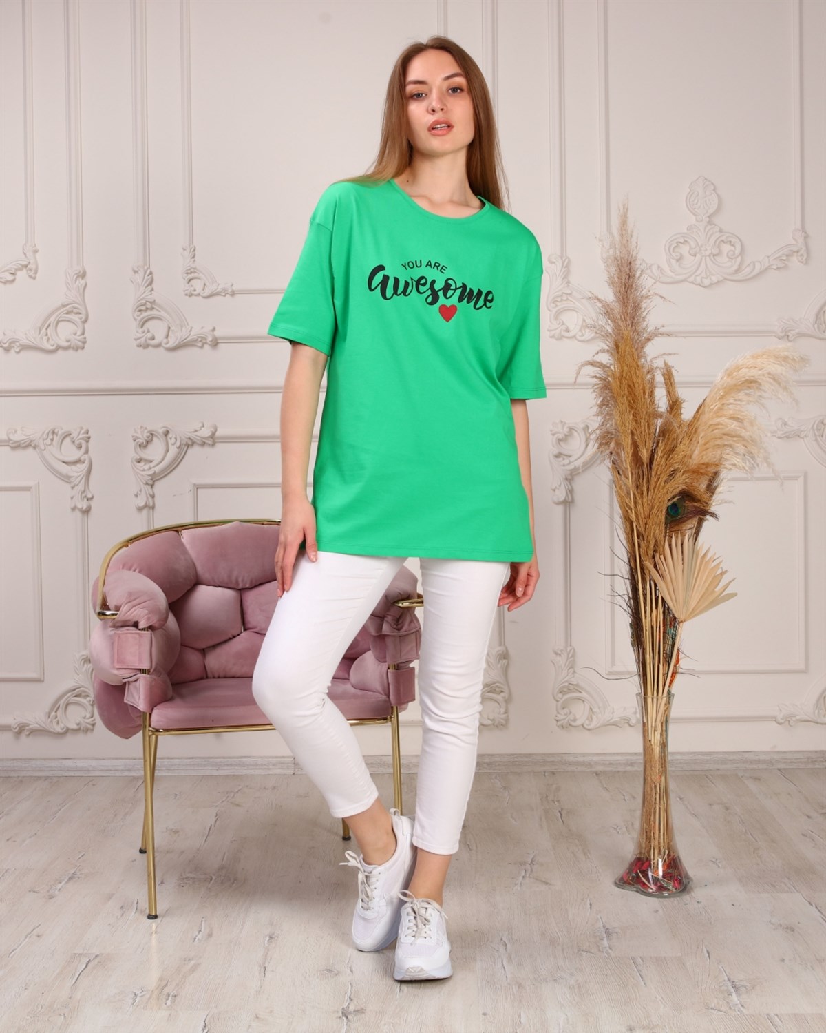 Marcoroni Awesome Baskılı Yeşil Kadın T-Shirt