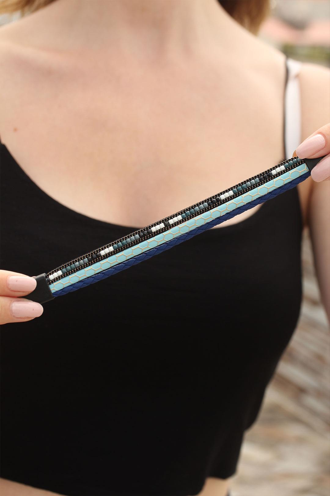 Mavi Renk Desenli Tasarımlı Taşlı Lacivert Örgü Model Kadın Deri Bileklik