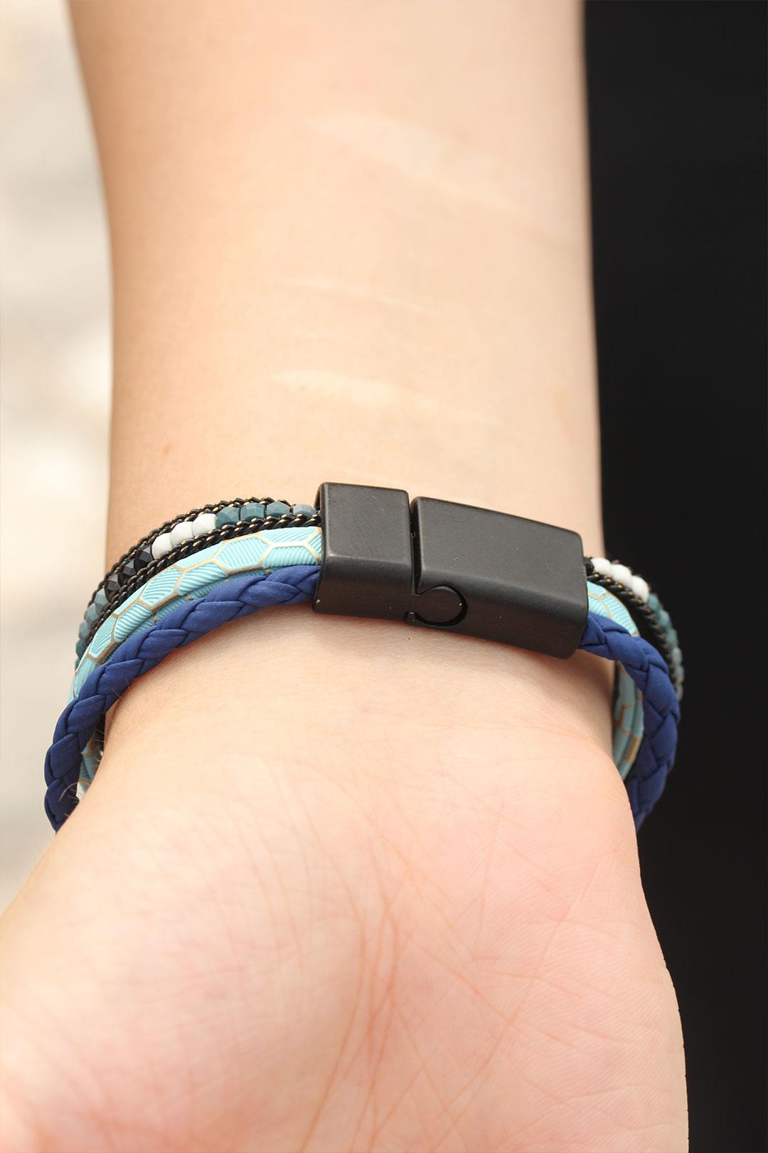 Mavi Renk Desenli Tasarımlı Taşlı Lacivert Örgü Model Kadın Deri Bileklik