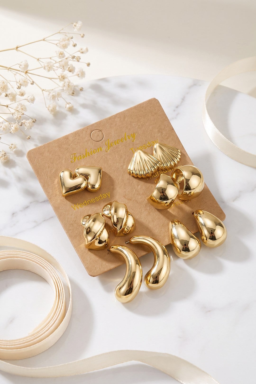 Metalik Kaplama Gold Renk CCB 6 Çift Kadın Küpe Seti