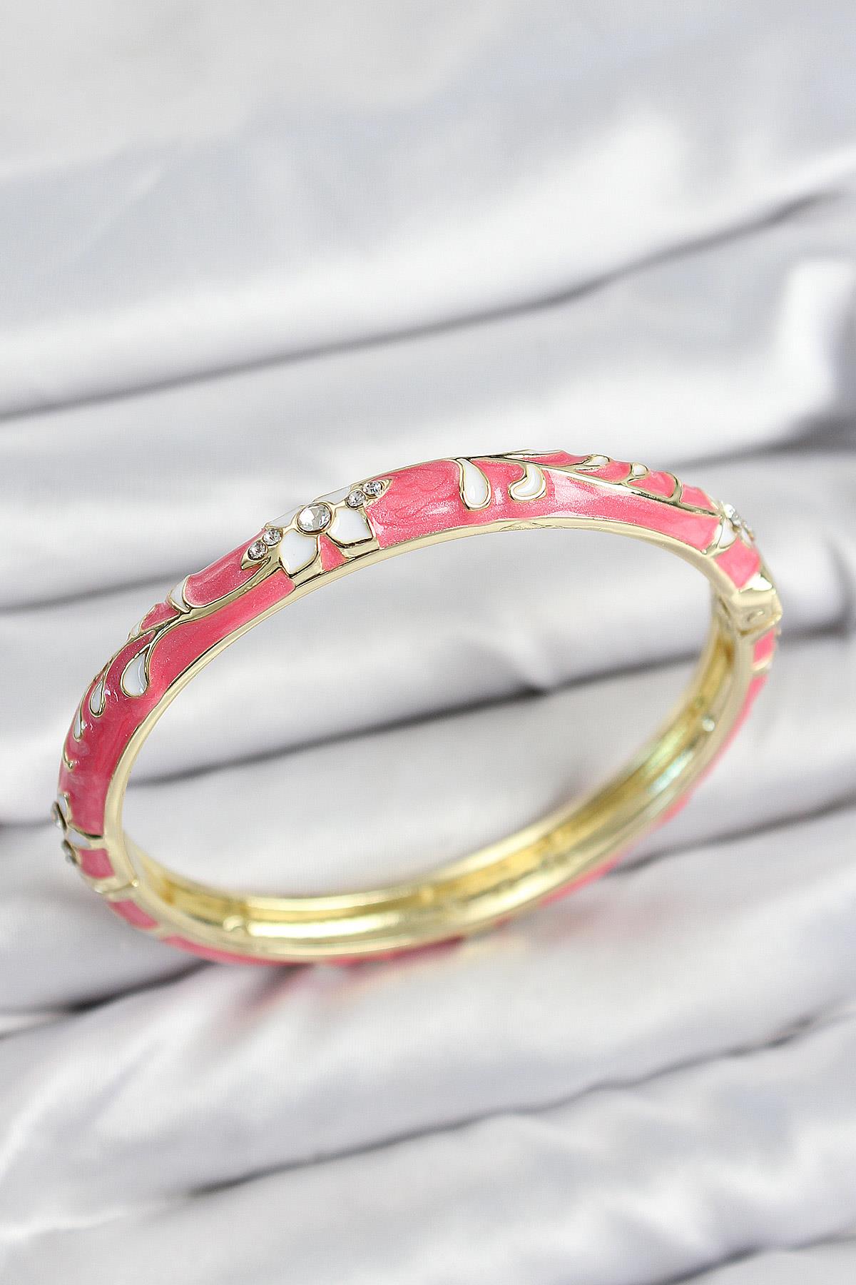 Mineli Pirinç Zirkon Taşlı Pembe Çiçek Motifli Gold Kadın Kelepçe