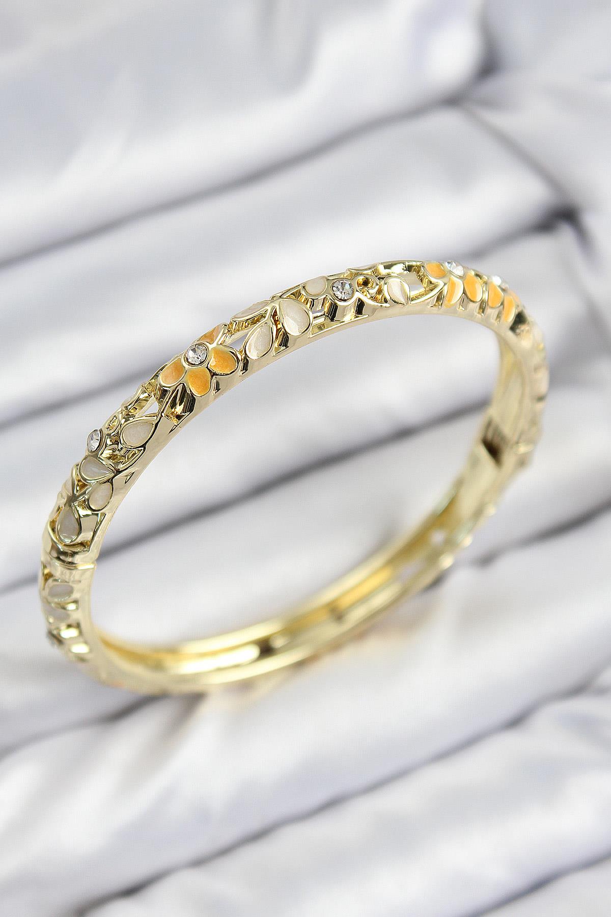 Mineli Pirinç Zirkon Taşlı Sarı Krem Çiçek Motifli Gold Kadın Kelepçe