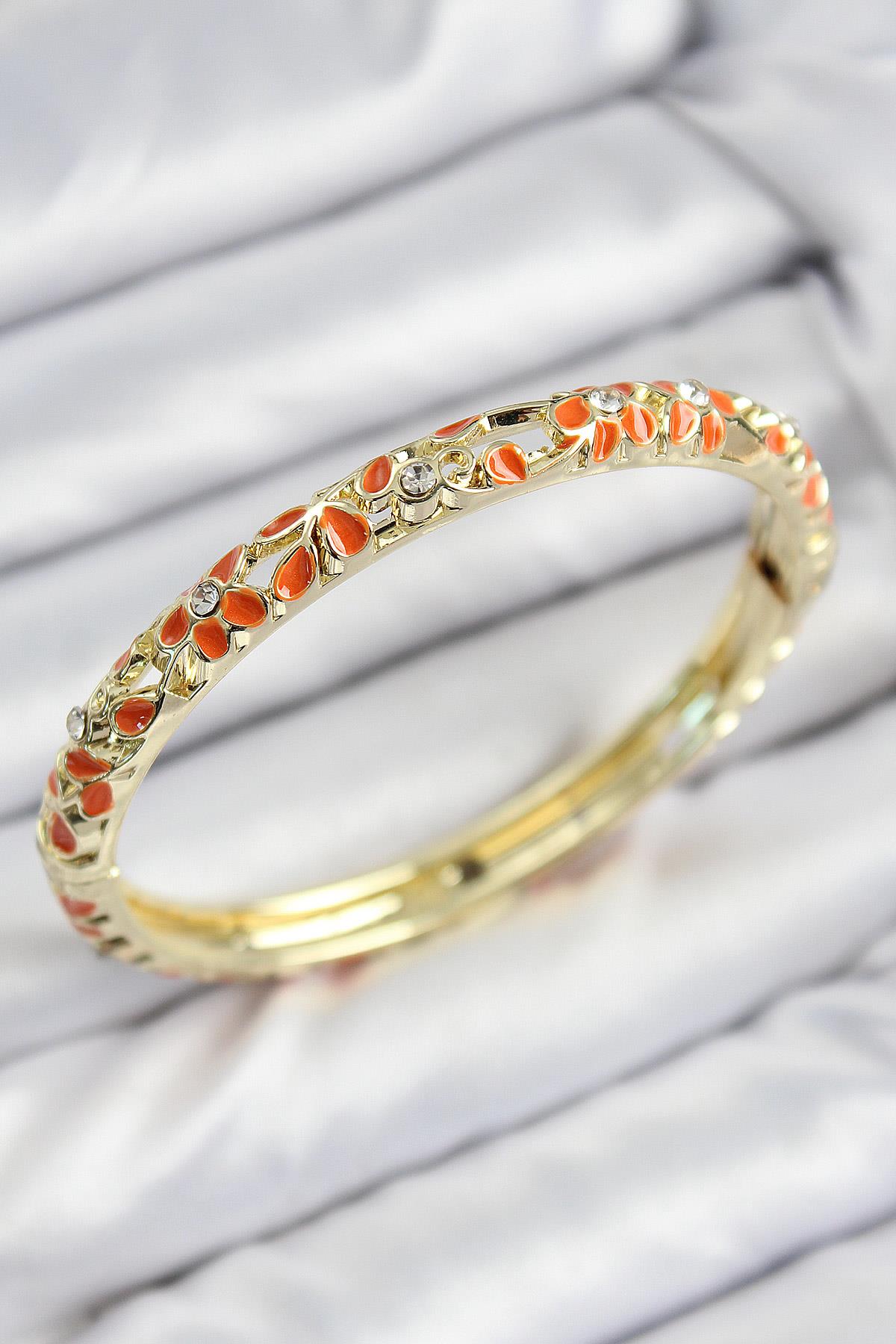 Mineli Pirinç Zirkon Taşlı Turuncu Çiçek Motifli Gold Kadın Kelepçe