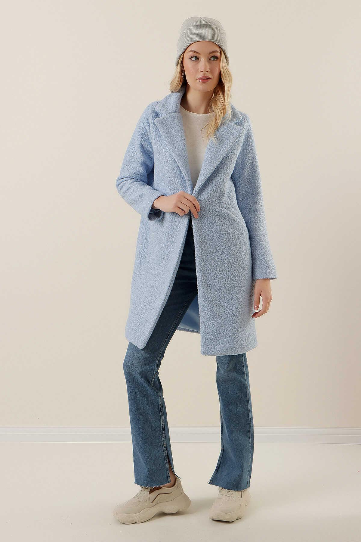 Oversize Kaşe Kaban - Mavi - Marcoroni