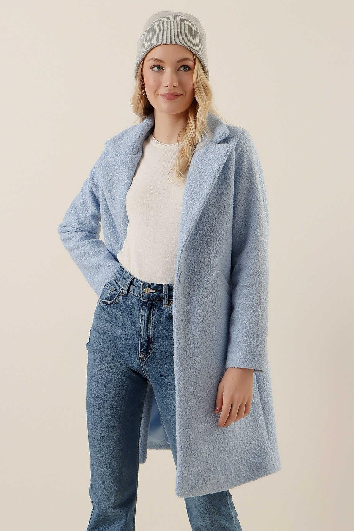 Oversize Kaşe Kaban - Mavi - Marcoroni