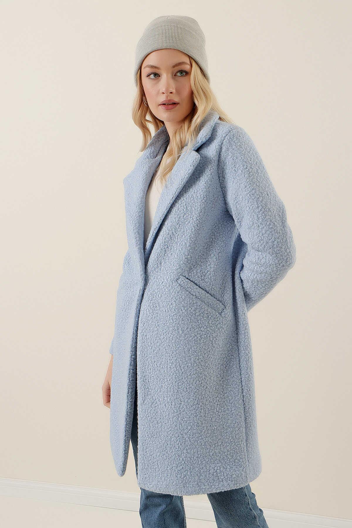 Oversize Kaşe Kaban - Mavi - Marcoroni