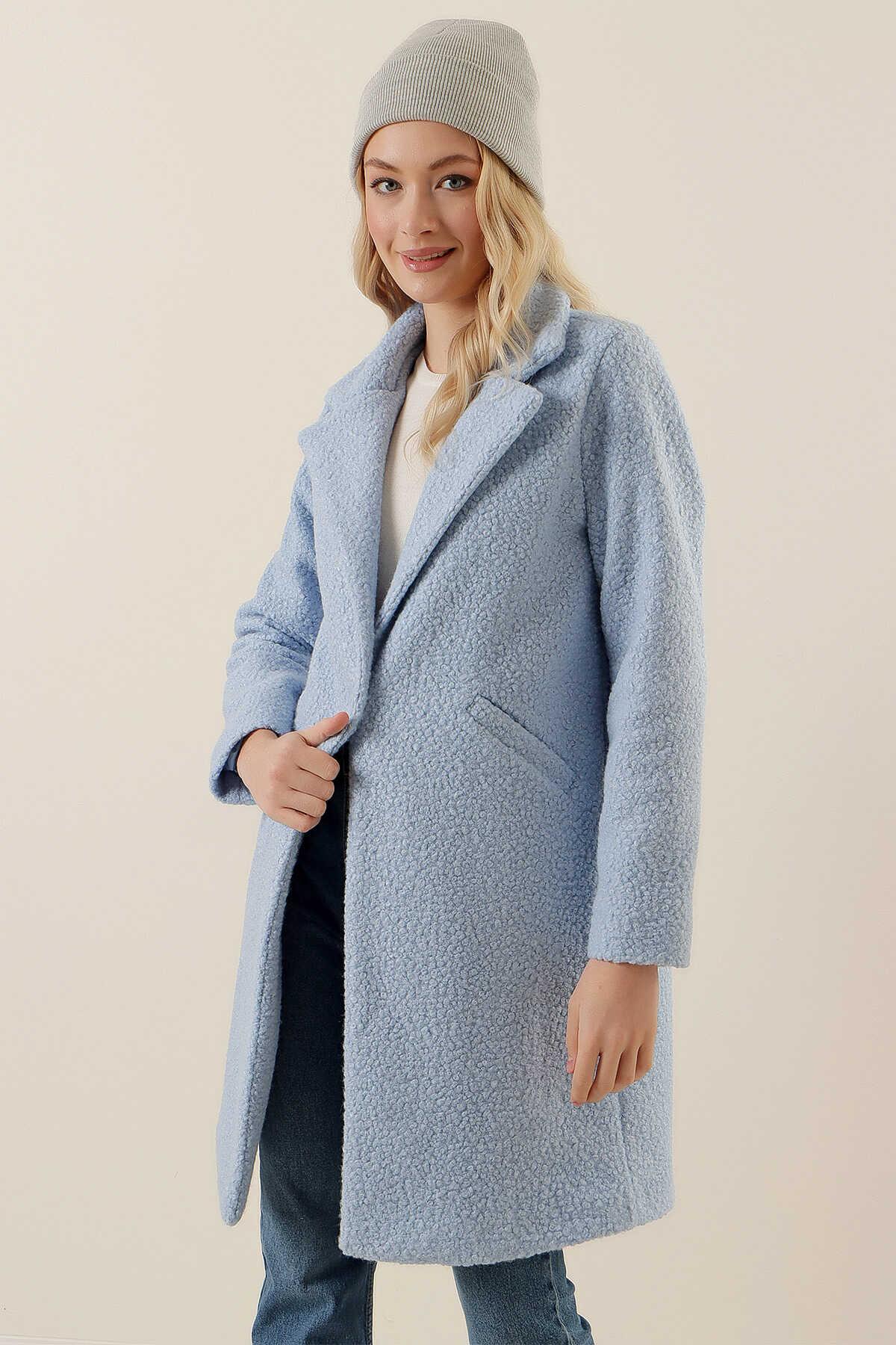 Oversize Kaşe Kaban - Mavi - Marcoroni