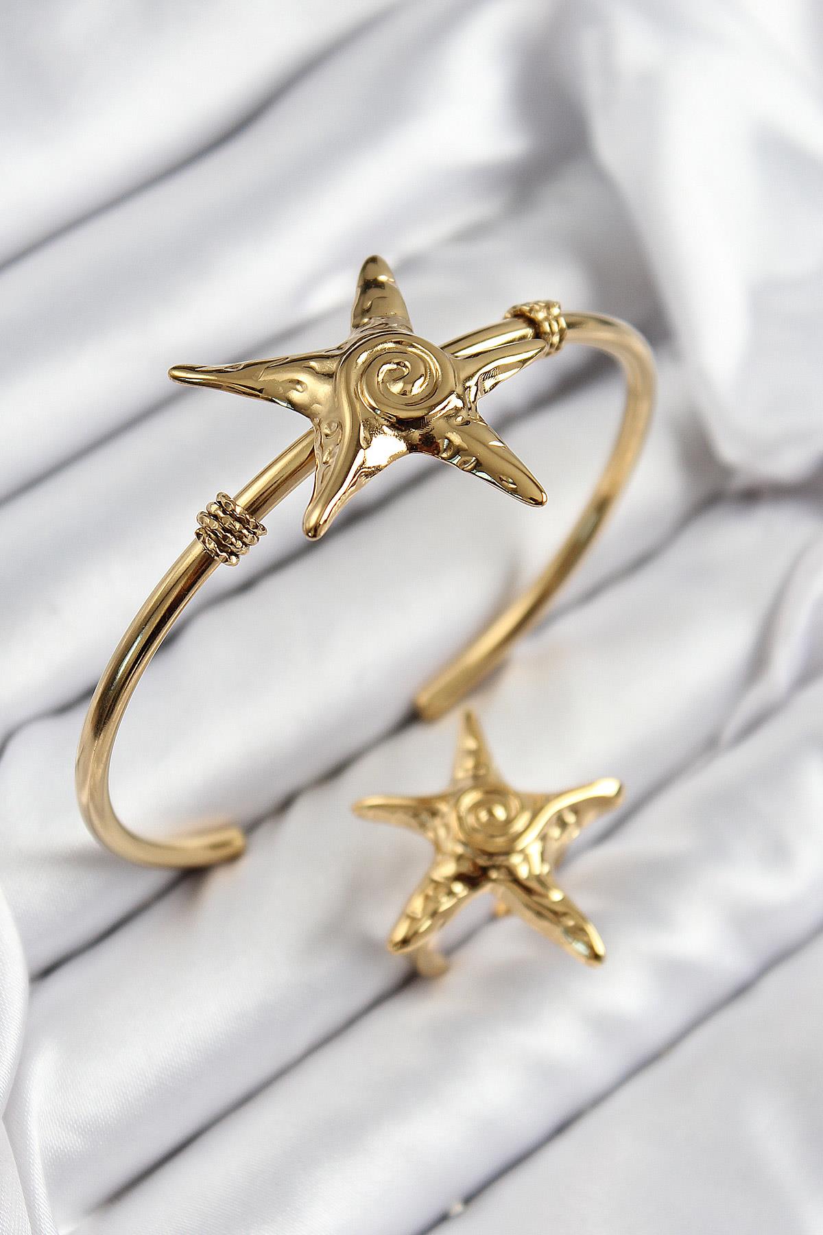Pirinç Deniz Yıldızı Model Gold Renk Bileklik Yüzük Set