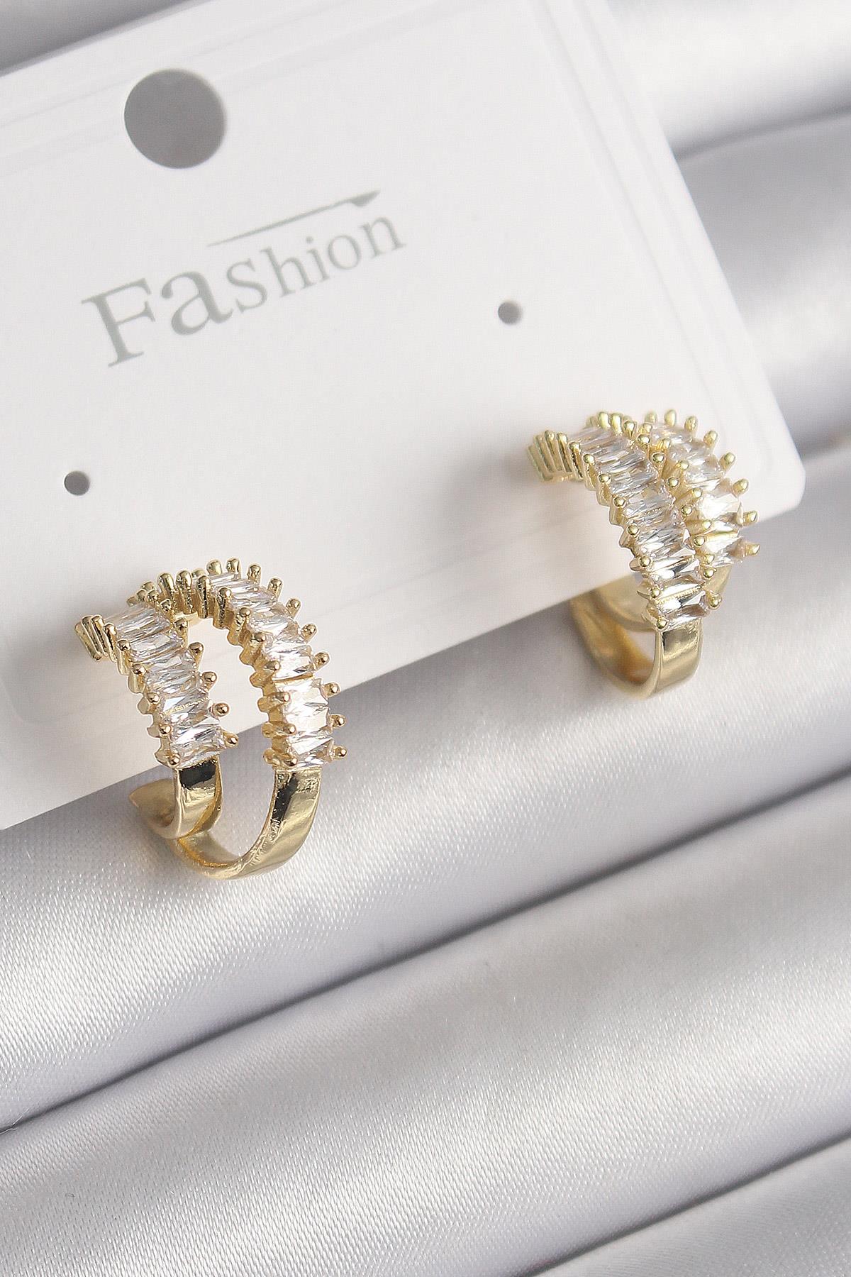 Pirinç Gold Renk 2Li Zirkon Taşlı Halka Model Kadın Küpe