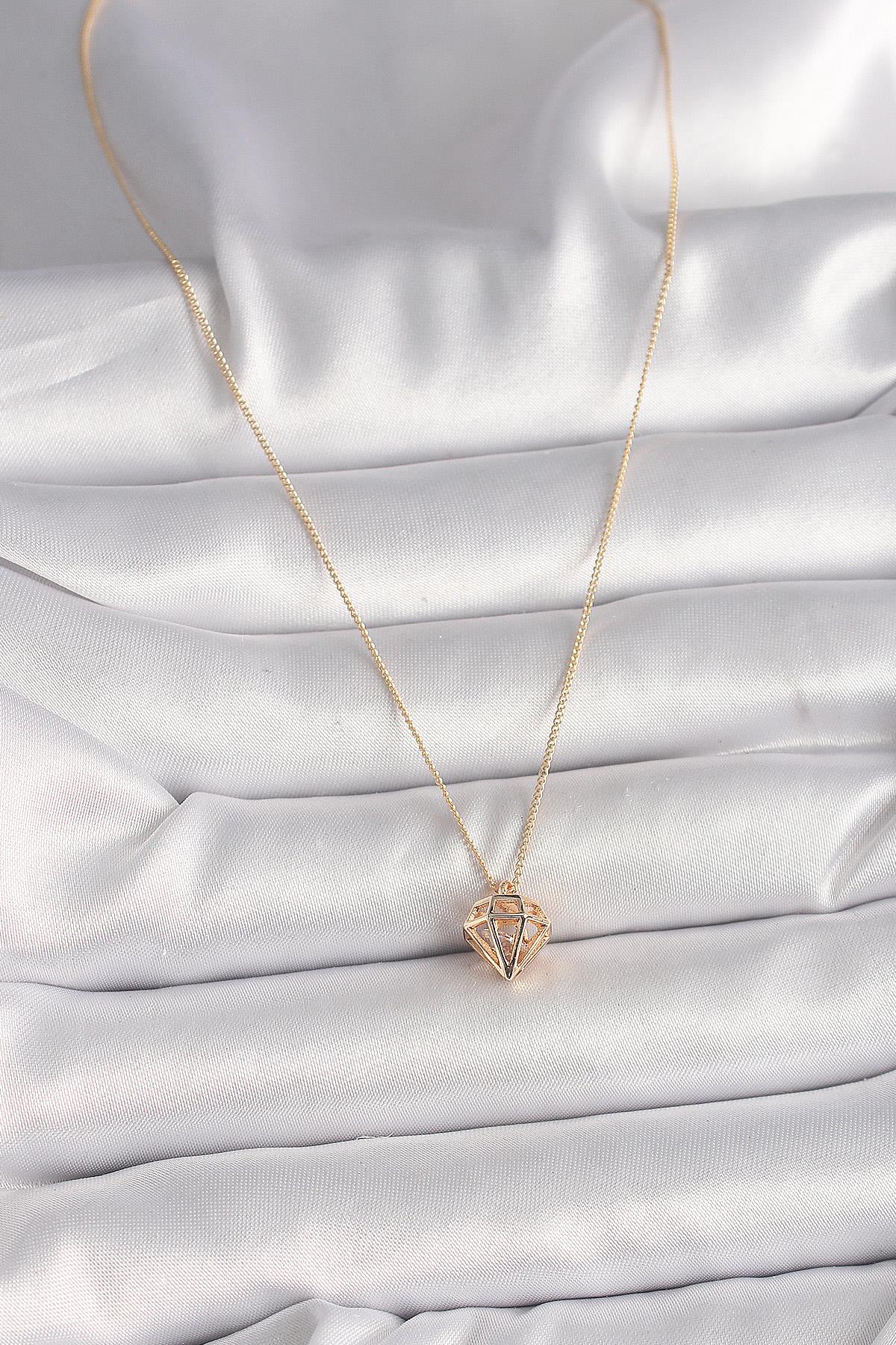 Pirinç Gold Renk 3D Zirkon Taşlı Elmas Model Kadın Kolye