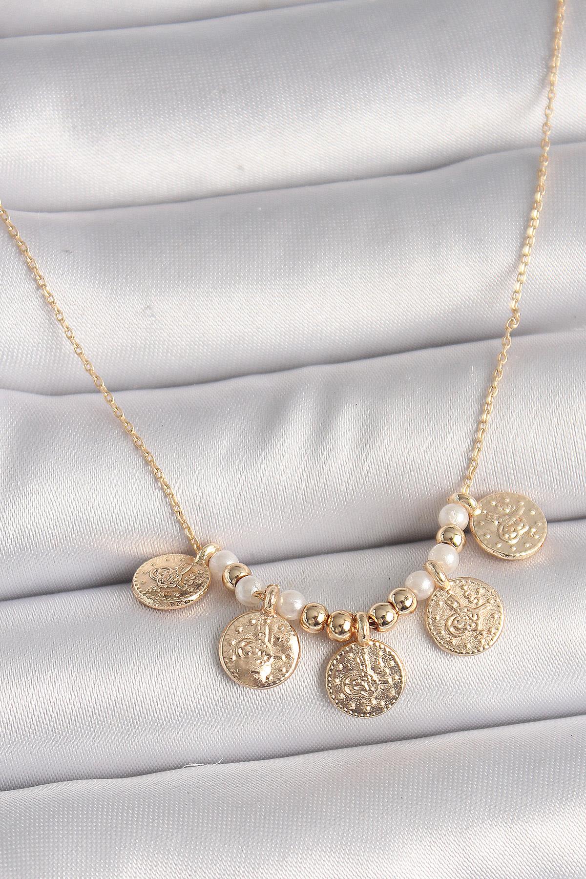 Pirinç Gold Renk 5Li Osmanlı Tuğra Figür İnci Detay Kadın Kolye