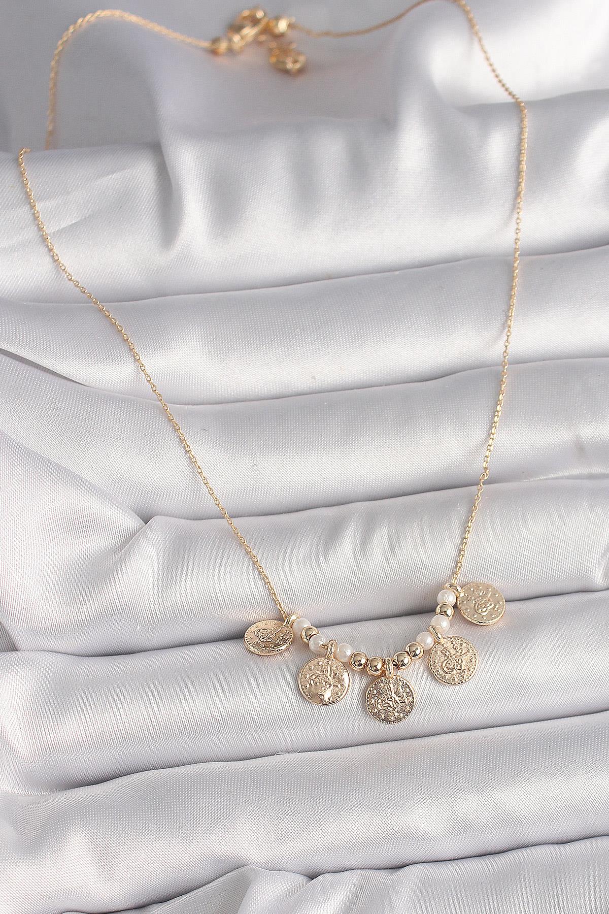 Pirinç Gold Renk 5Li Osmanlı Tuğra Figür İnci Detay Kadın Kolye