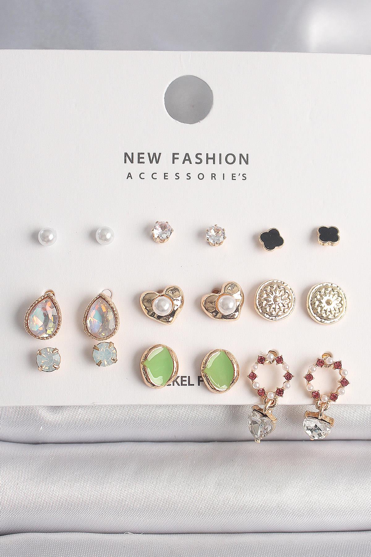 Pirinç Gold Renk Damla Zirkon Taşlı İncili Kalp Detay 9 Çift Kadın Küpe Seti