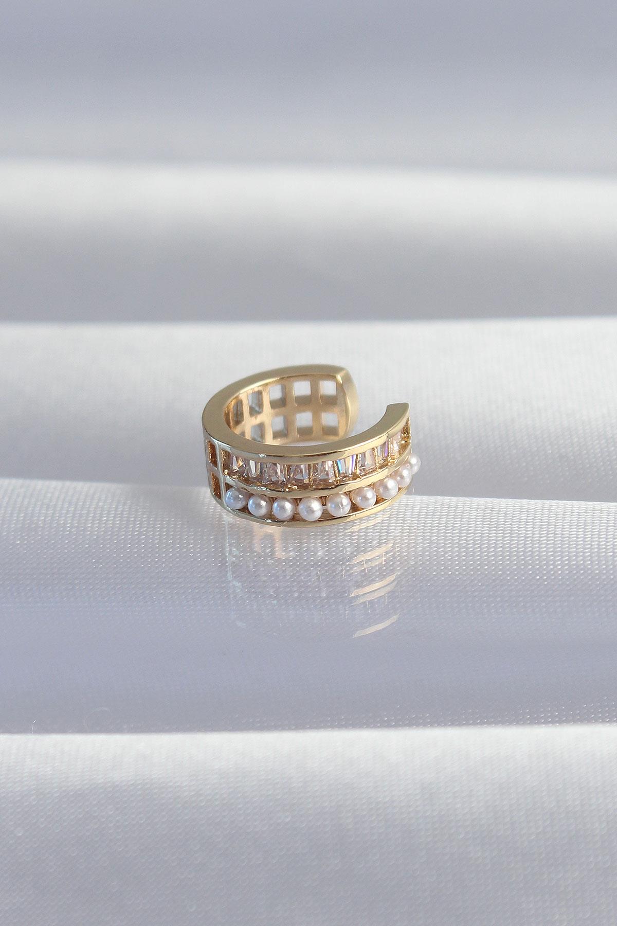 Pirinç Gold Renk İncili Baget Taşlı Earcuff Küpe