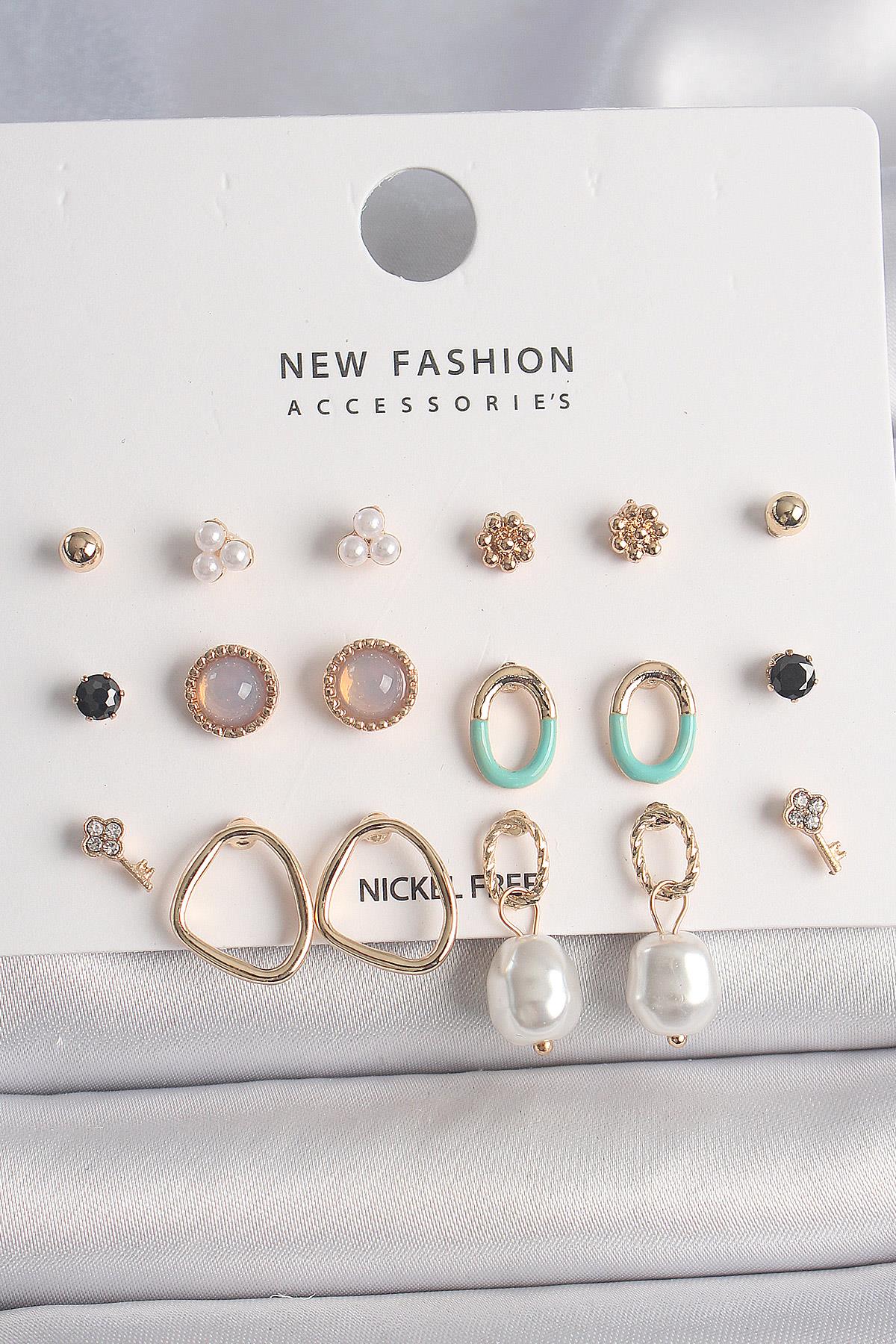 Pirinç Gold Renk İncili Halka Model 9 Çift Kadın Küpe Seti