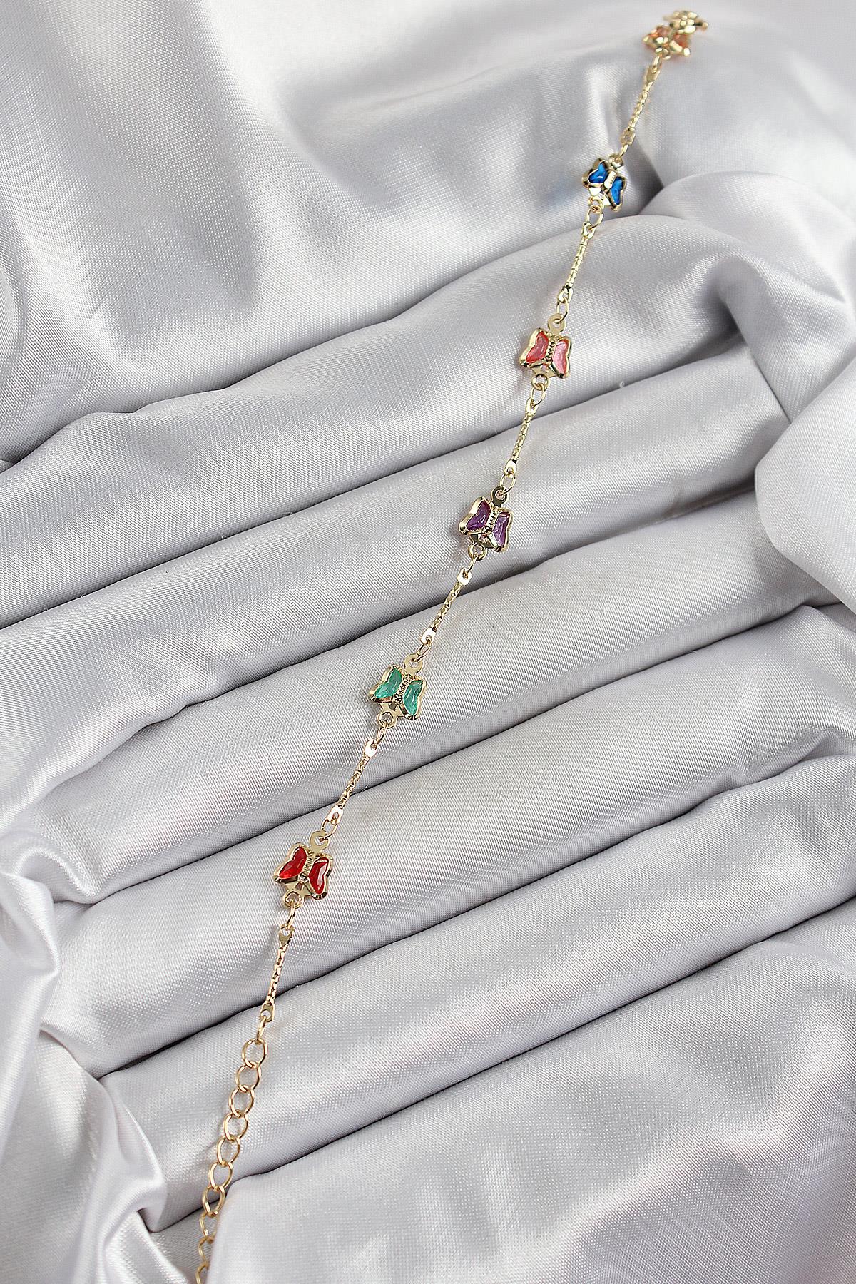 Pirinç Gold Renk Karışık Renk Kelebek Zirkon Taşlı Kadın Bileklik