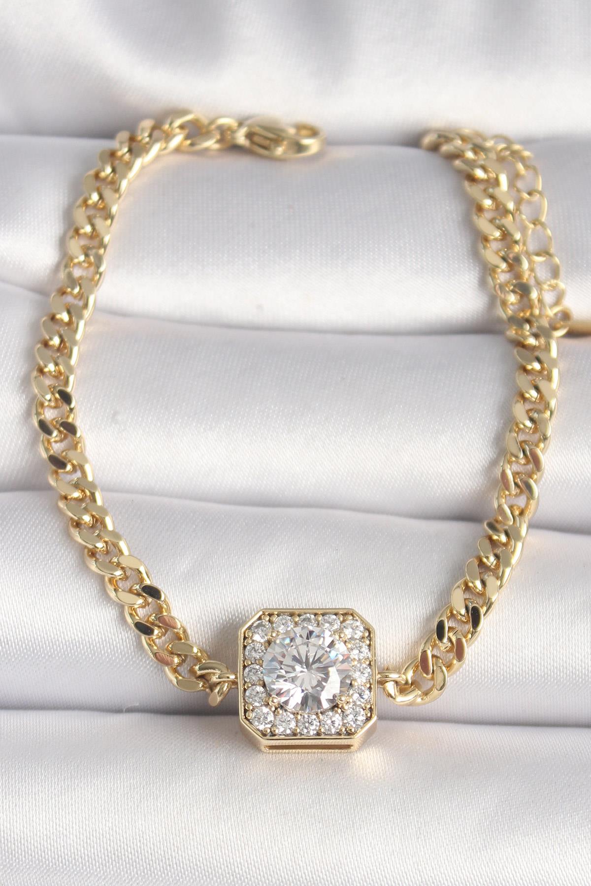 Pirinç Gold Renk Zincir Kare Zirkon Taş Model Xuping VIP Seri Kadın Bileklik