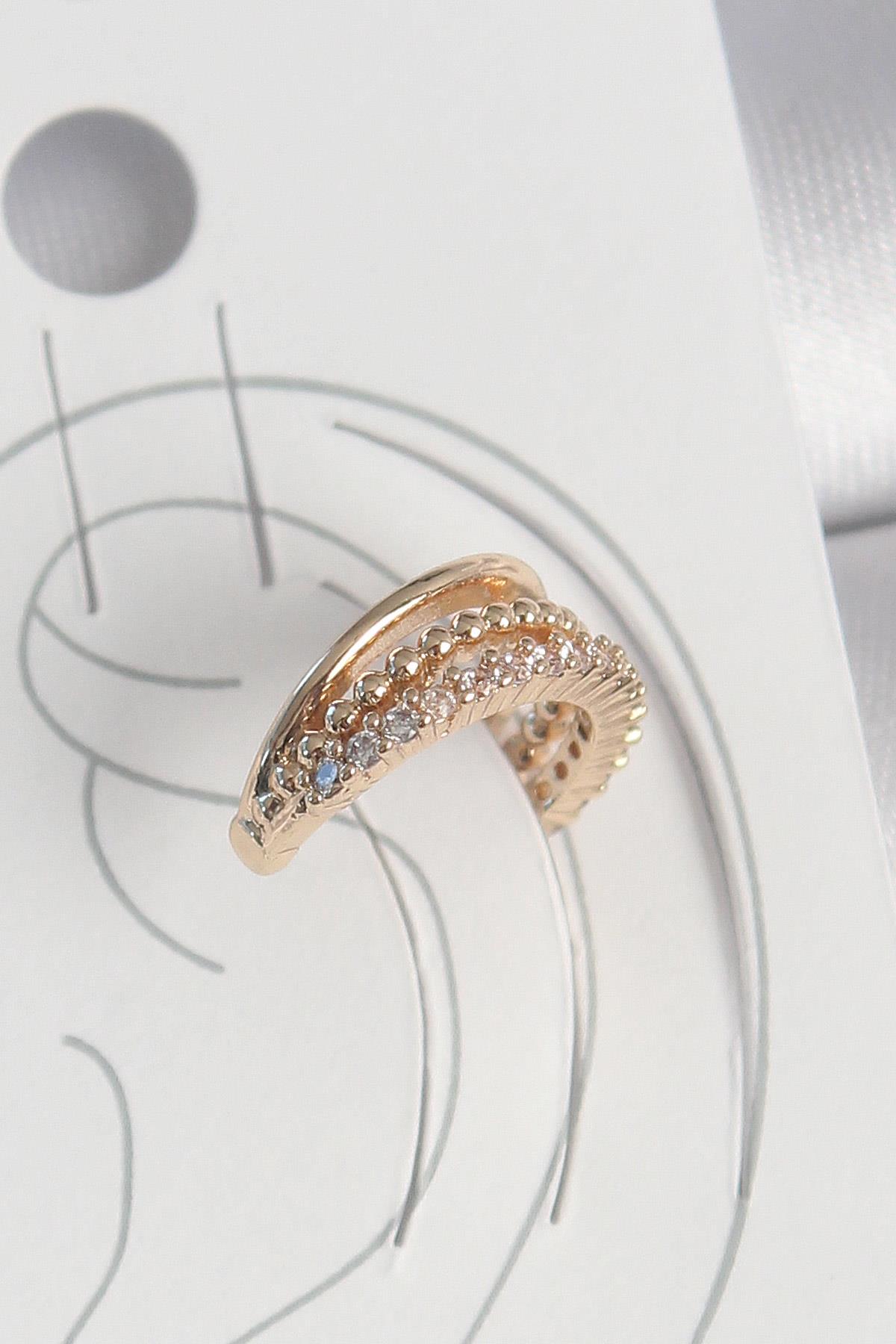 Pirinç Gold Renk Zirkon Taşlı 3Lü Sıralı Model Kadın Kıkırdak Küpe